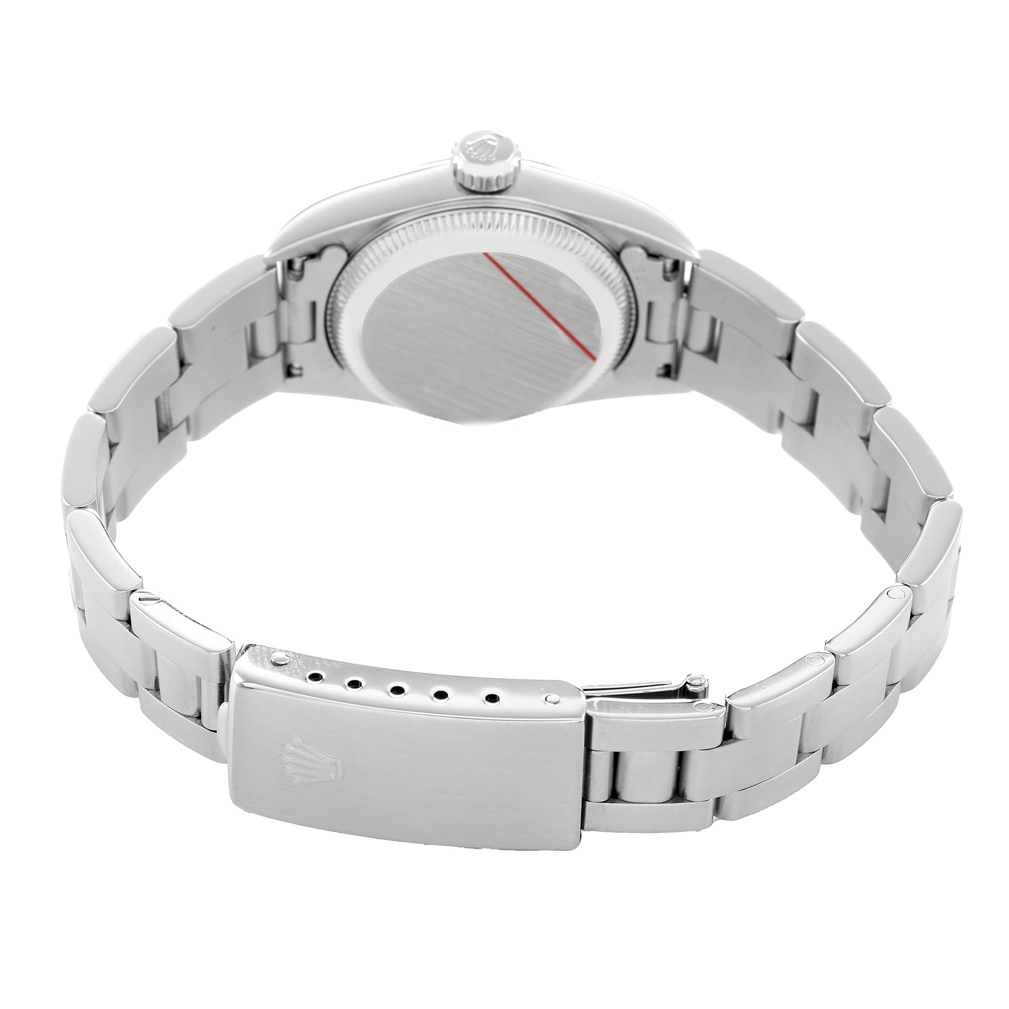 The image shows the back and clasp of a Rolex Oyster Perpetual 67180 Women's Stainless Steel Blue Dial watch from a rear angle.