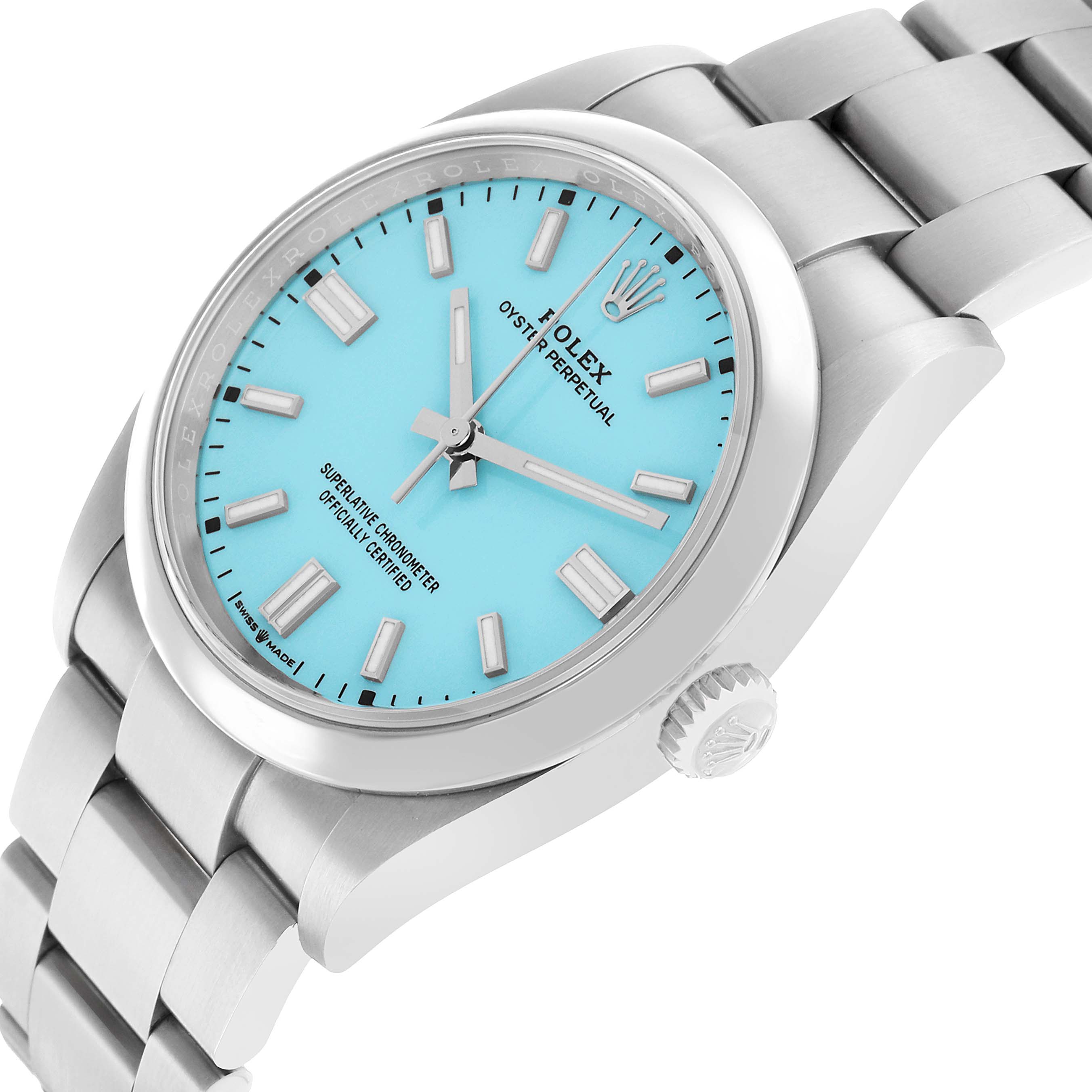 The Rolex Oyster Perpetual 126000 Men's Stainless Steel Blue Dial watch is shown at an angled side view, highlighting the turquoise dial, bezel, crown, and bracelet.