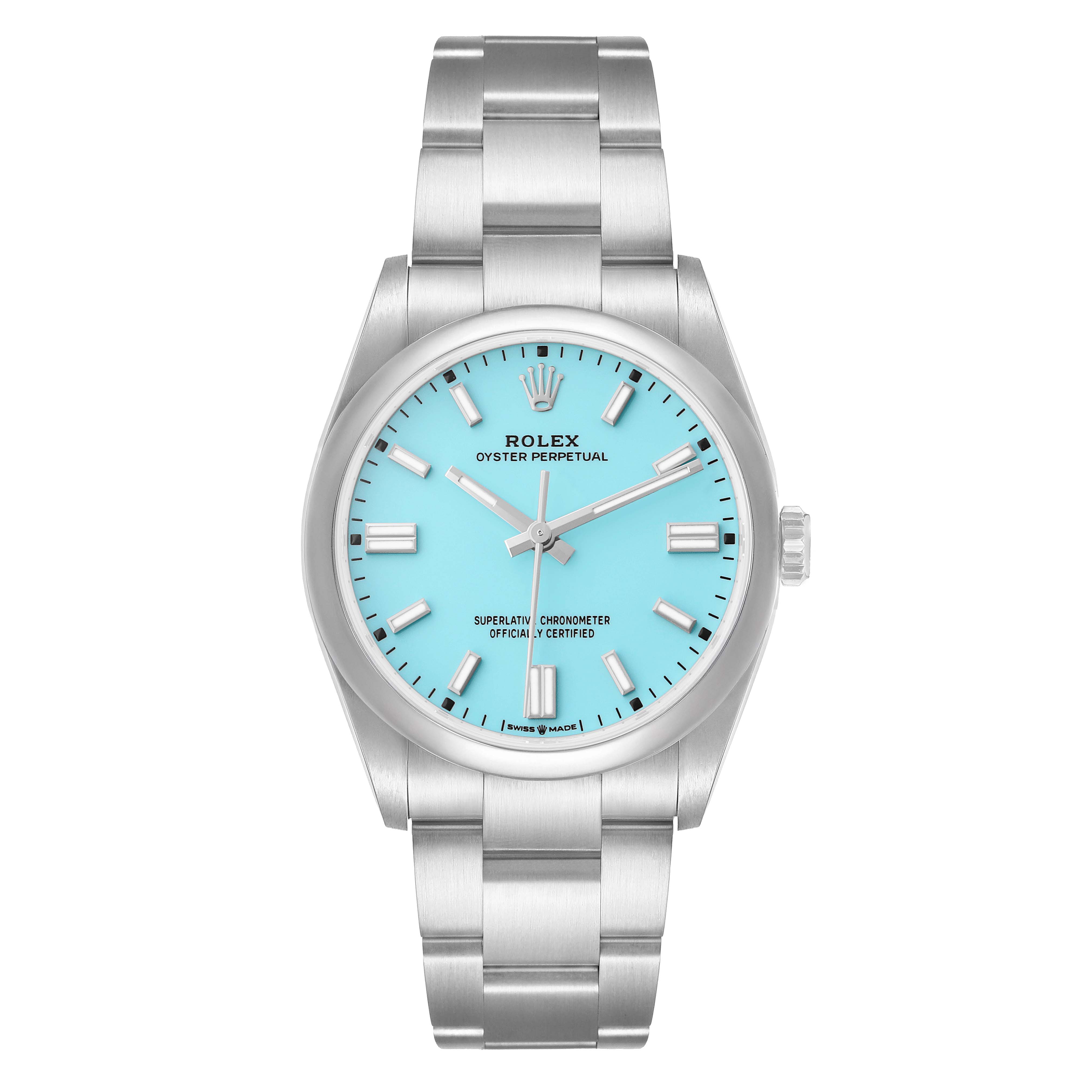 The Rolex Oyster Perpetual 126000 Men's Stainless Steel Blue Dial watch is shown from the front, displaying the face, bezel, and bracelet links.