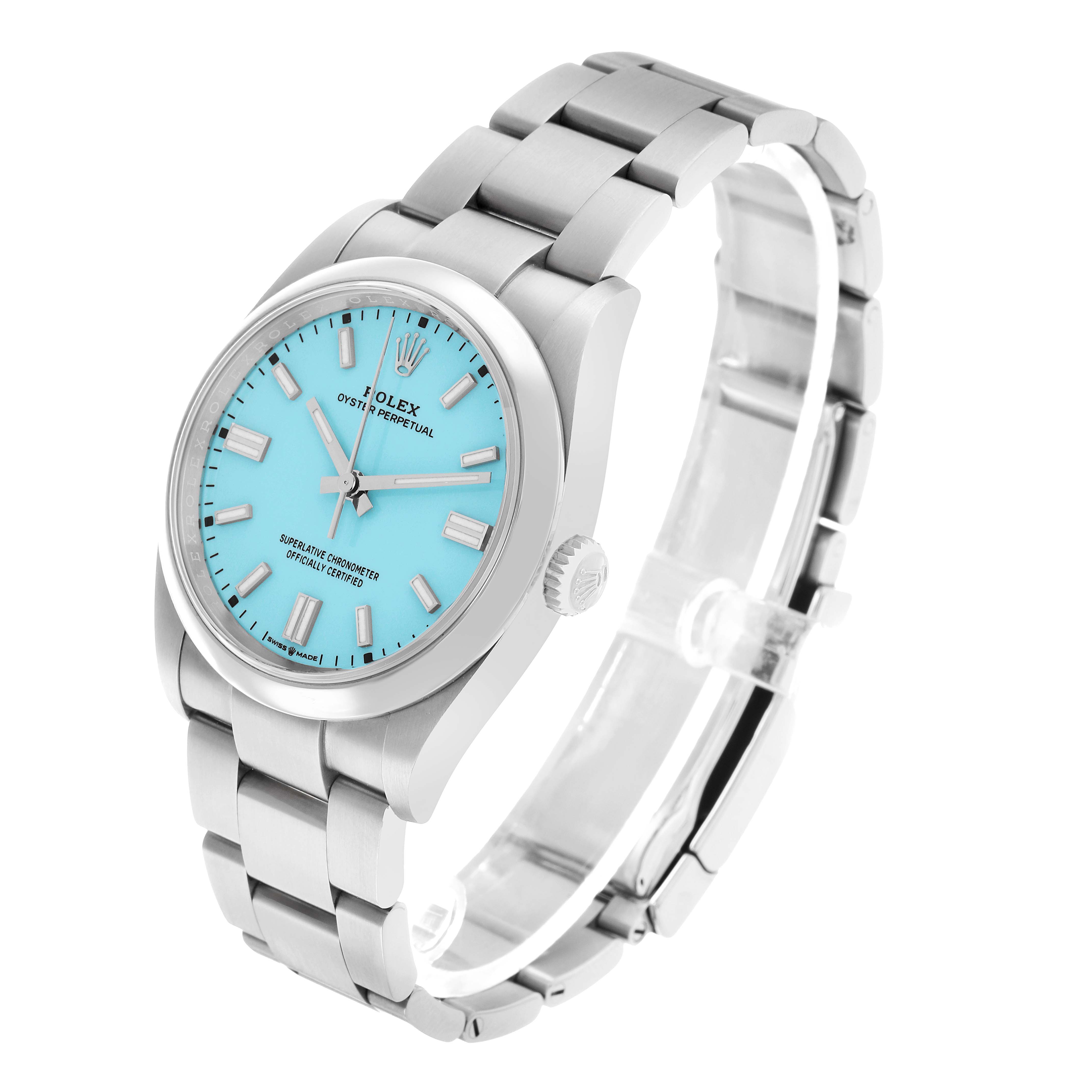 The Rolex Oyster Perpetual 126000 Men's Stainless Steel Blue Dial watch is shown at a tilted angle, highlighting the turquoise dial, crown, and steel bracelet.