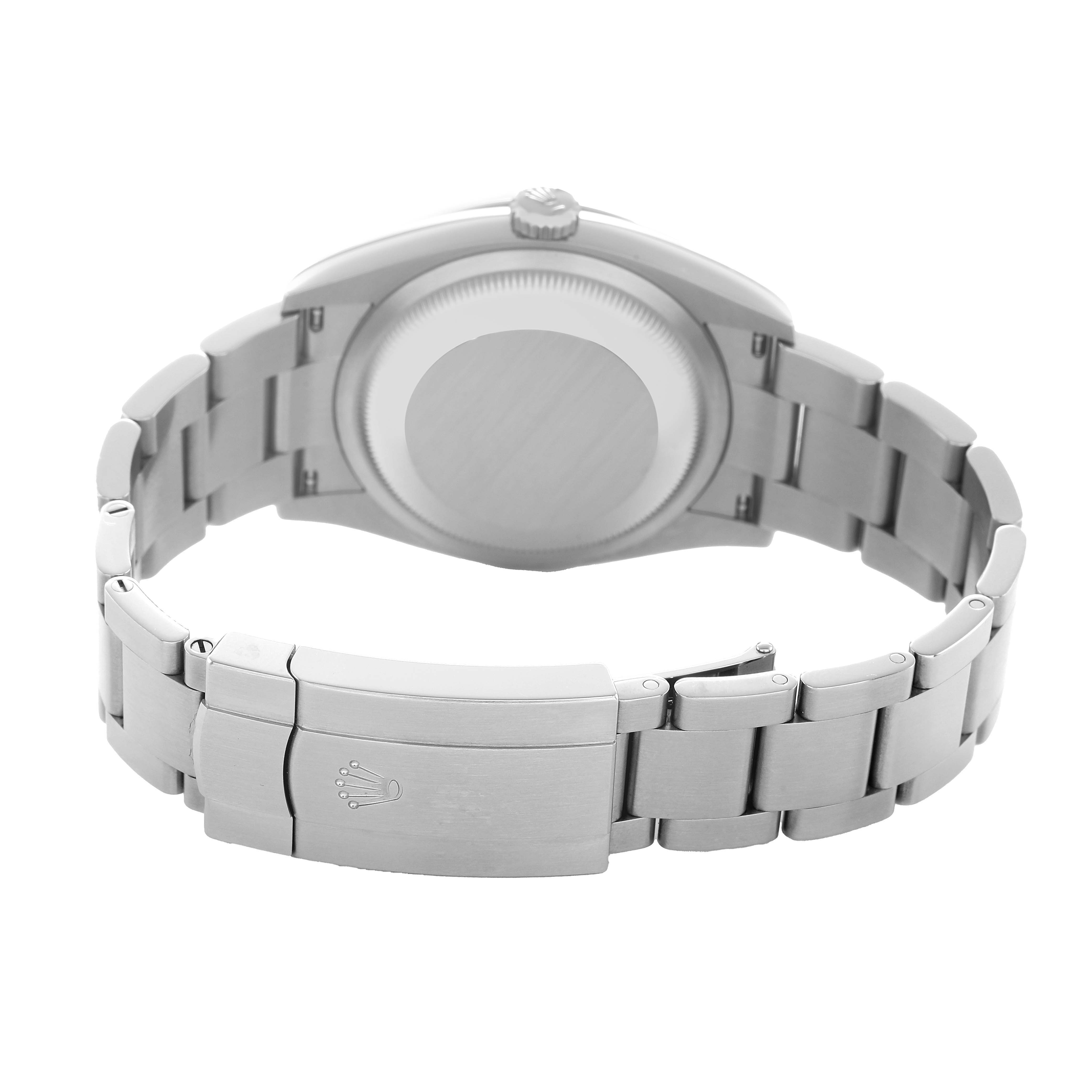 The image shows the back and clasp of a Rolex Oyster Perpetual 126000 Men's Stainless Steel Blue Dial watch from a rear angle.