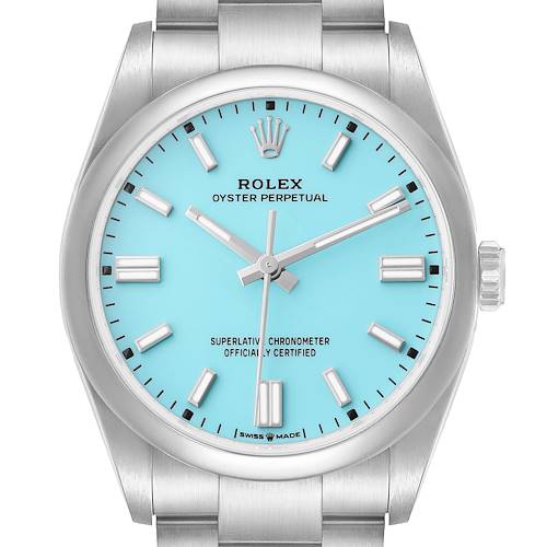 The Rolex Oyster Perpetual 126000 Men's Stainless Steel Blue Dial watch is shown from a front angle, highlighting the light blue dial and markers.