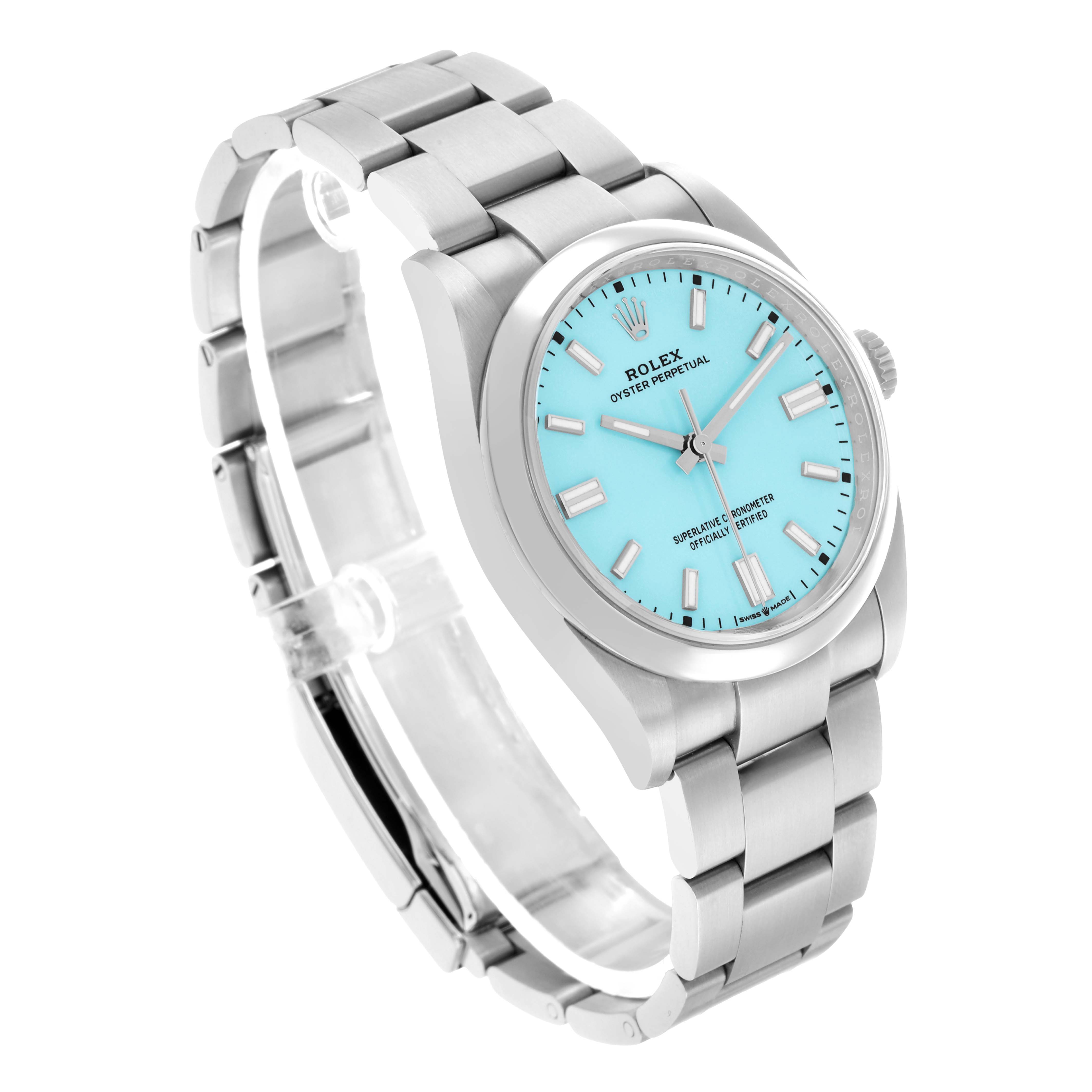The Rolex Oyster Perpetual 126000 Men's Stainless Steel Blue Dial watch is shown at a three-quarter angle, displaying its turquoise dial, bezel, and metal bracelet.