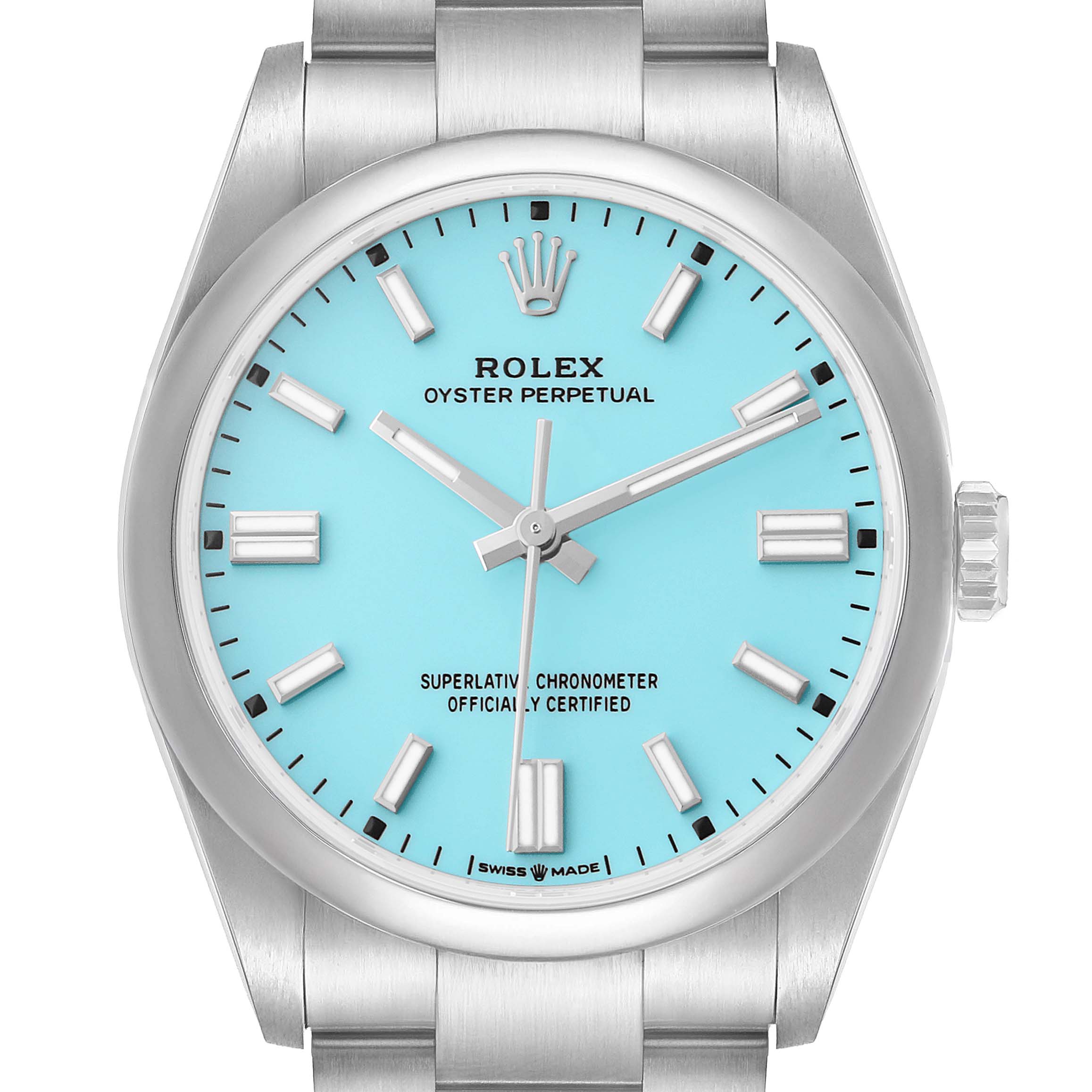 The Rolex Oyster Perpetual 126000 Men's Stainless Steel Blue Dial watch is shown from a front angle, highlighting the dial, bezel, crown, and part of the bracelet.