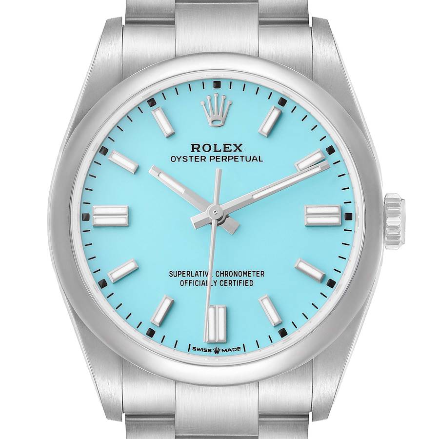 The Rolex Oyster Perpetual 126000 Men's Stainless Steel Blue Dial watch is shown from a front angle, highlighting the dial, bezel, crown, and part of the bracelet.