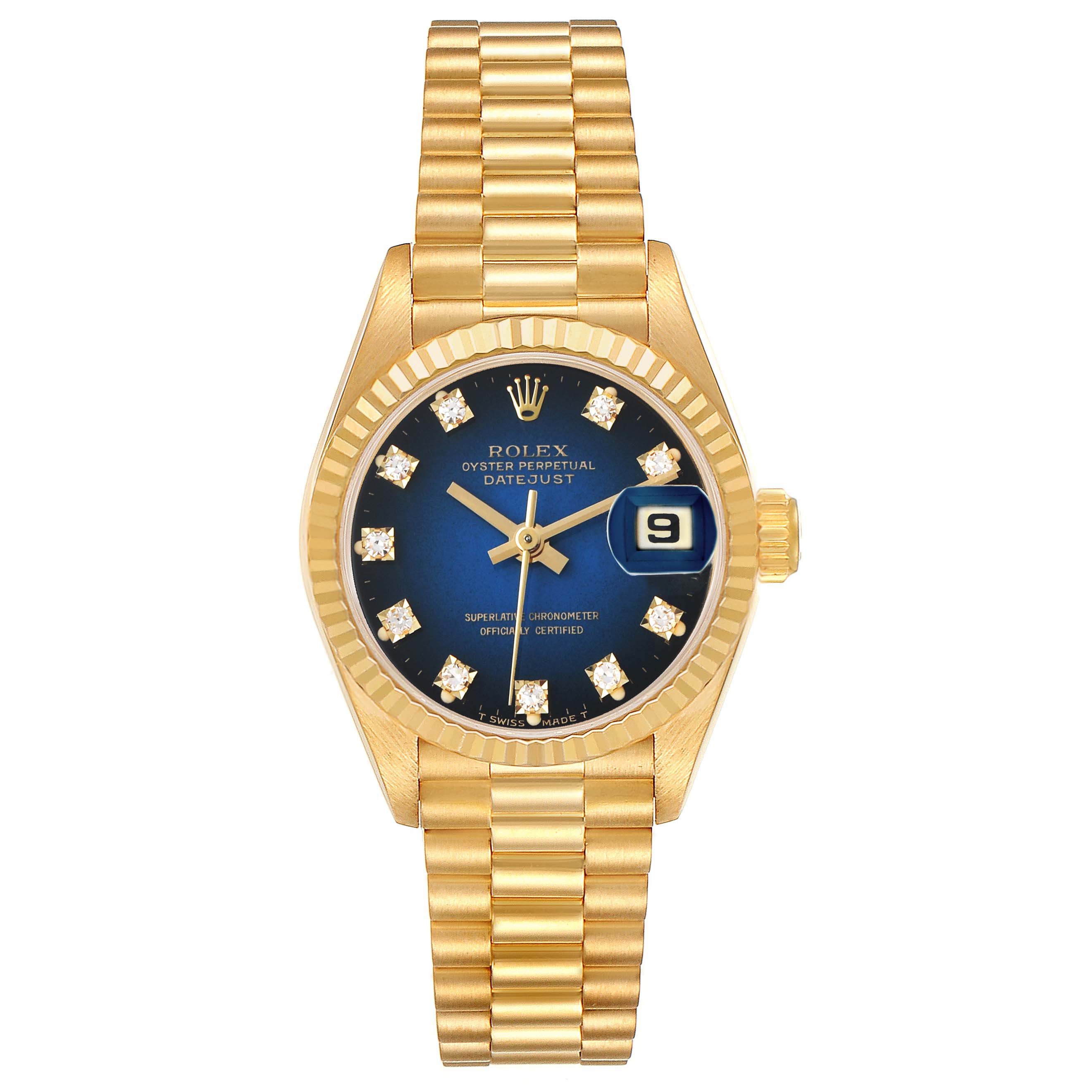 The Rolex President 69178 Women's Yellow Gold Blue Dial model watch is shown from a top-down angle displaying the entire face, bracelet, and crown.