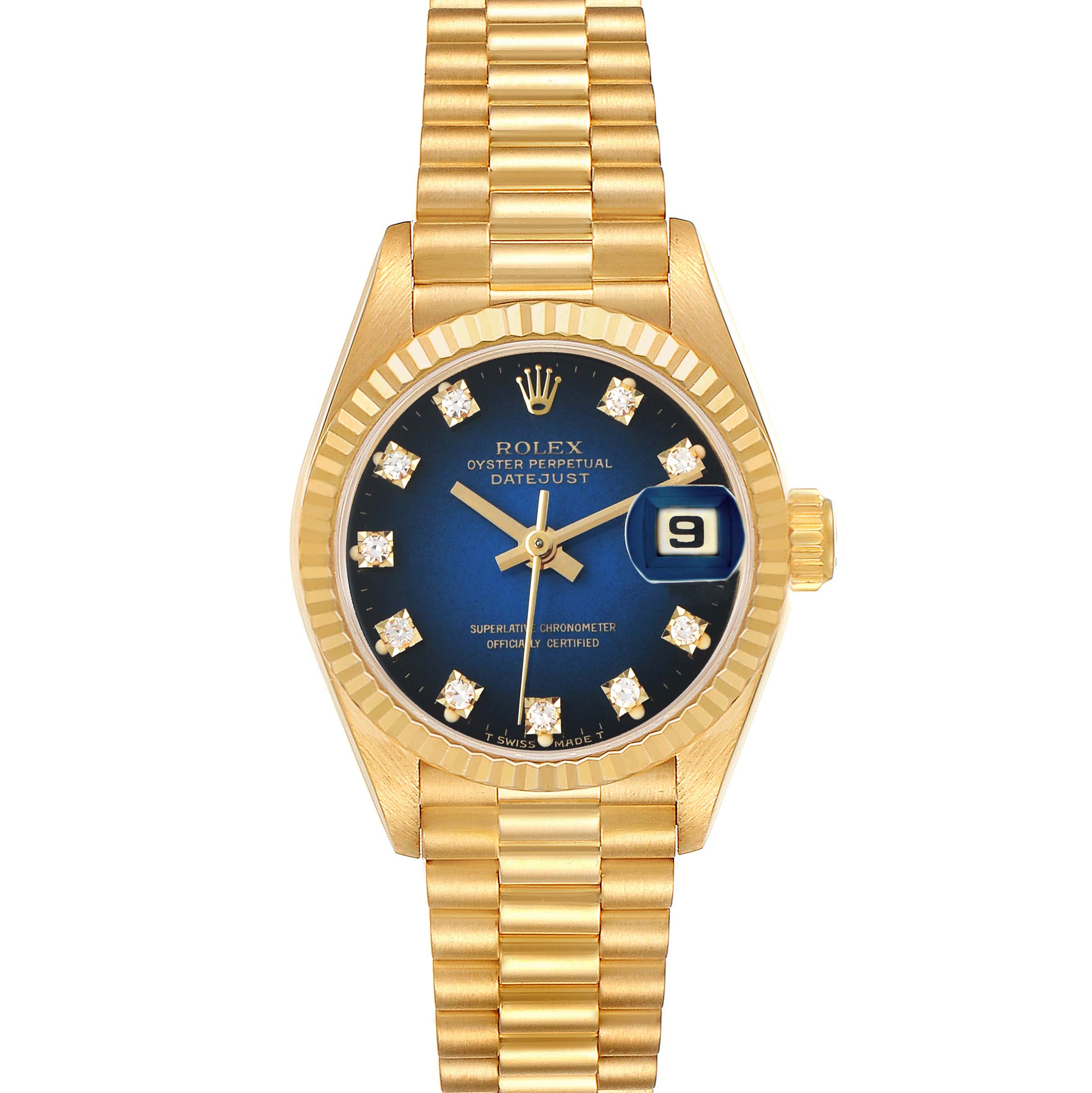 The Rolex President 69178 Women's Yellow Gold Blue Dial watch is shown from a top-down angle, displaying the face, bezel, and bracelet in gold.