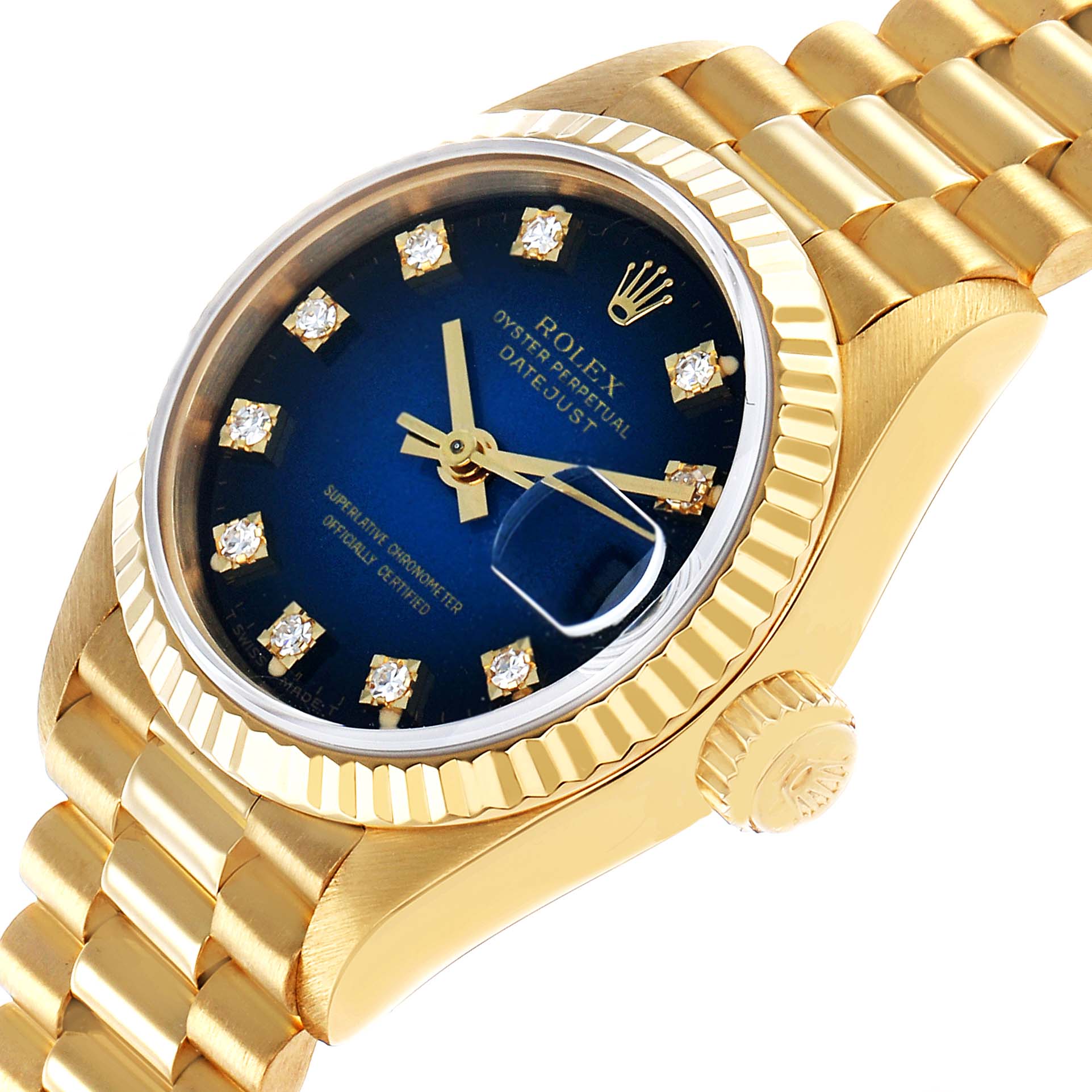 The Rolex President 69178 Women's Yellow Gold Blue Dial model watch is angled to show the face, bezel, crown, and part of the bracelet.