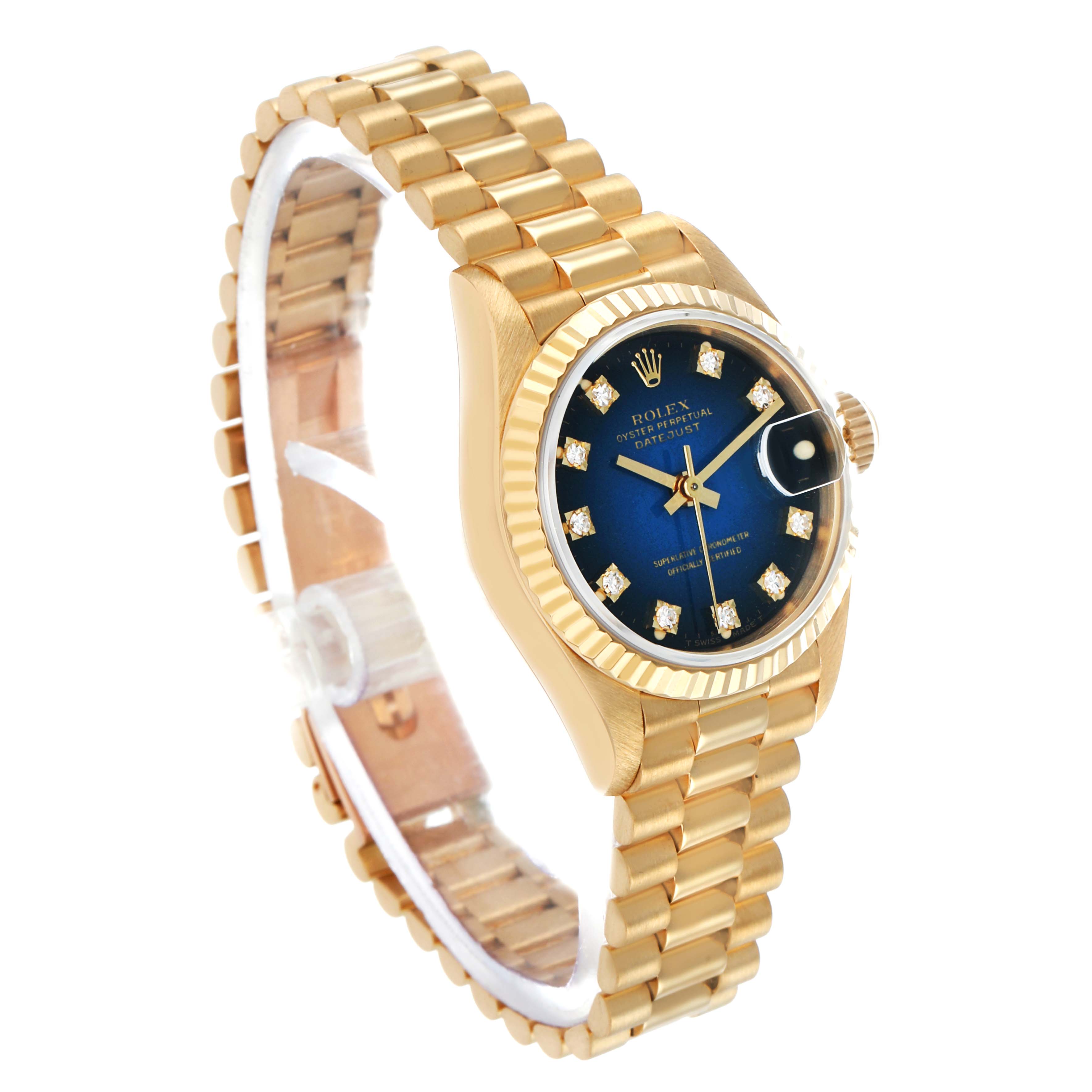 The Rolex President 69178 Women's Yellow Gold Blue Dial model is shown at an oblique angle, highlighting the bracelet, blue dial, and bezel.