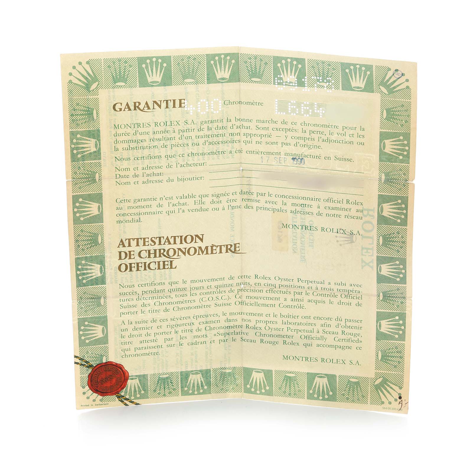 The image shows a Rolex President 69178 Women's Yellow Gold Blue Dial model warranty card with text and logo details.