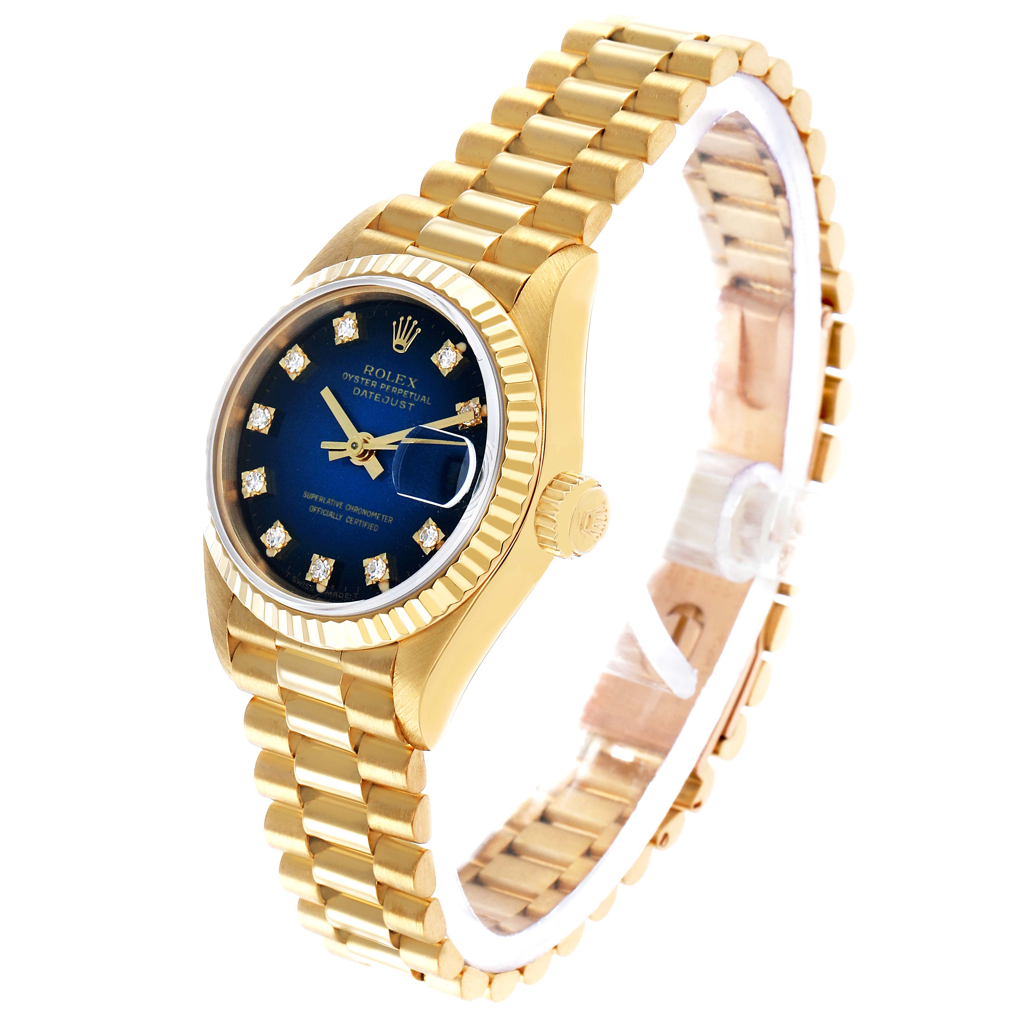 The image shows a Rolex President 69178 Women's Yellow Gold Blue Dial model in a three-quarter view, highlighting the gold bracelet, blue dial, and fluted bezel.