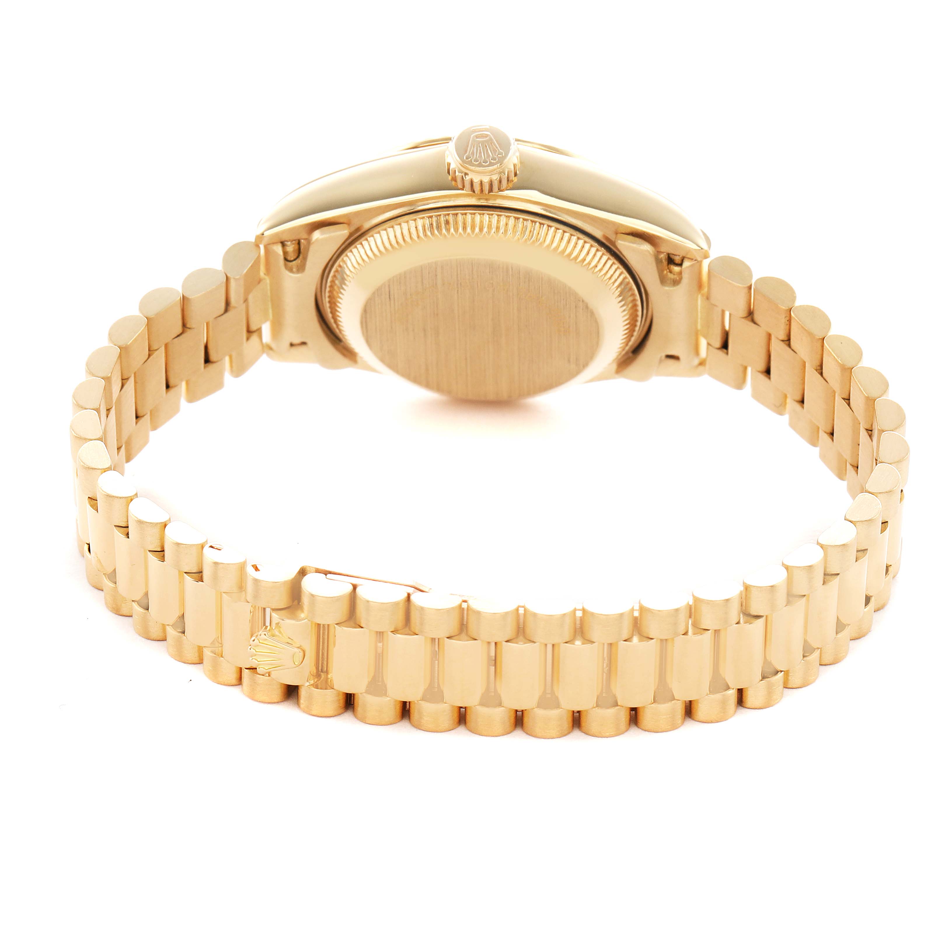 The Rolex President 69178 Women's Yellow Gold Blue Dial model watch is shown from the back, highlighting its bracelet and case with clasp detailing.