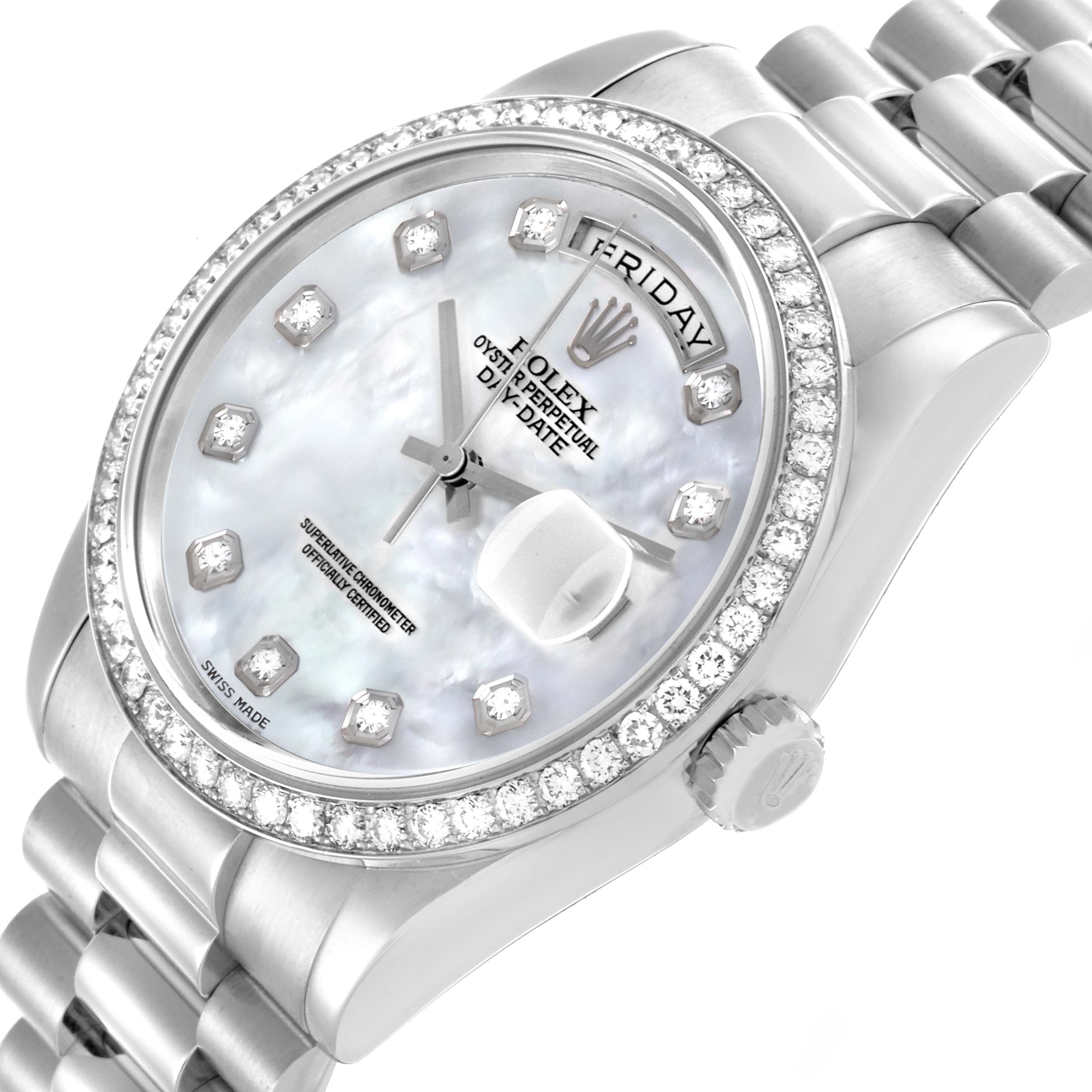 The Rolex President 118346 Men's Platinum Mother of Pearl Dial 118346 Men's Platinum Mother of Pearl Dial model is shown at an angle highlighting the face, bezel, and part of the bracelet.