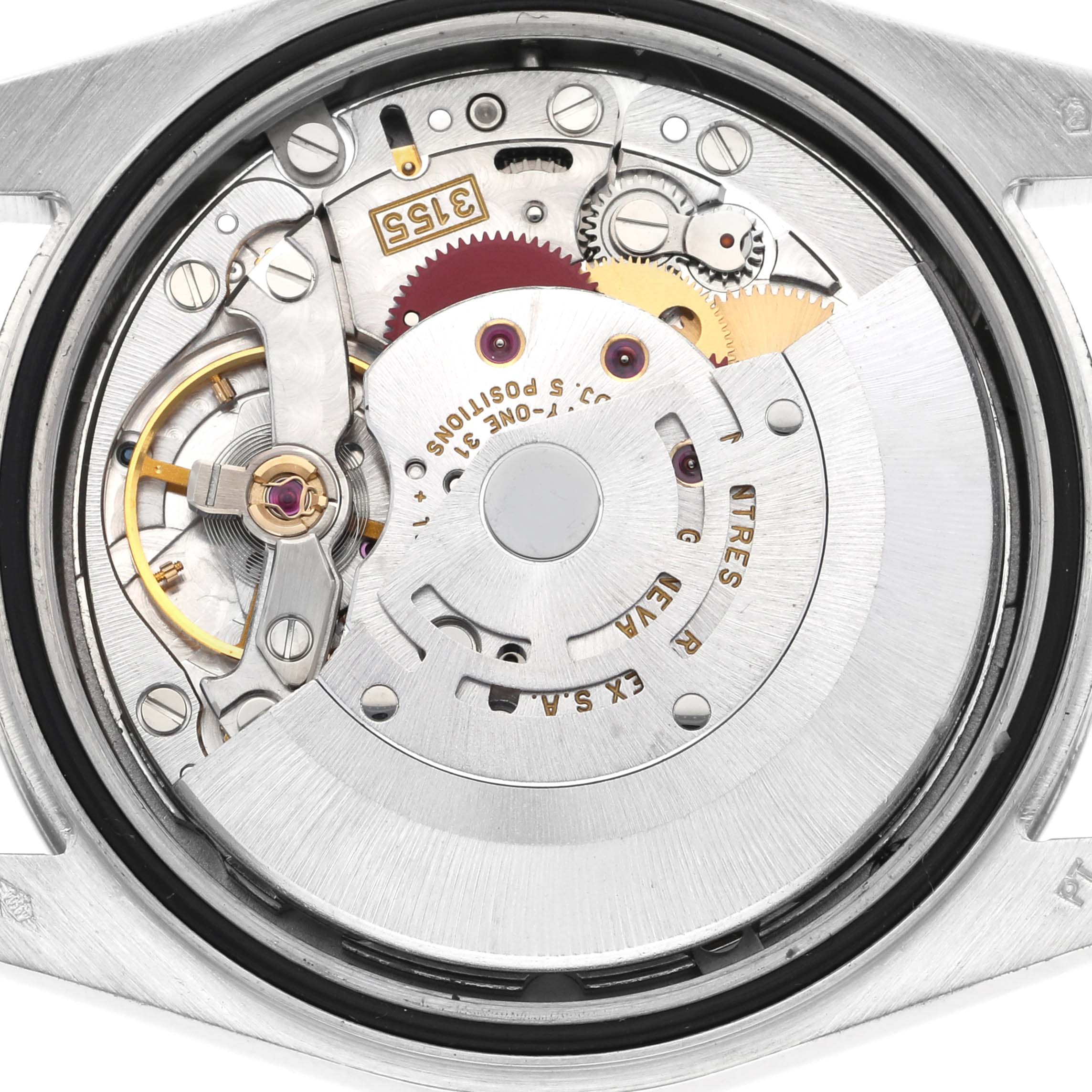 The image shows the movement mechanism of a Rolex President 118346 Men's Platinum Mother of Pearl Dial 118346 Men's Platinum Mother of Pearl Dial watch from a back angle.