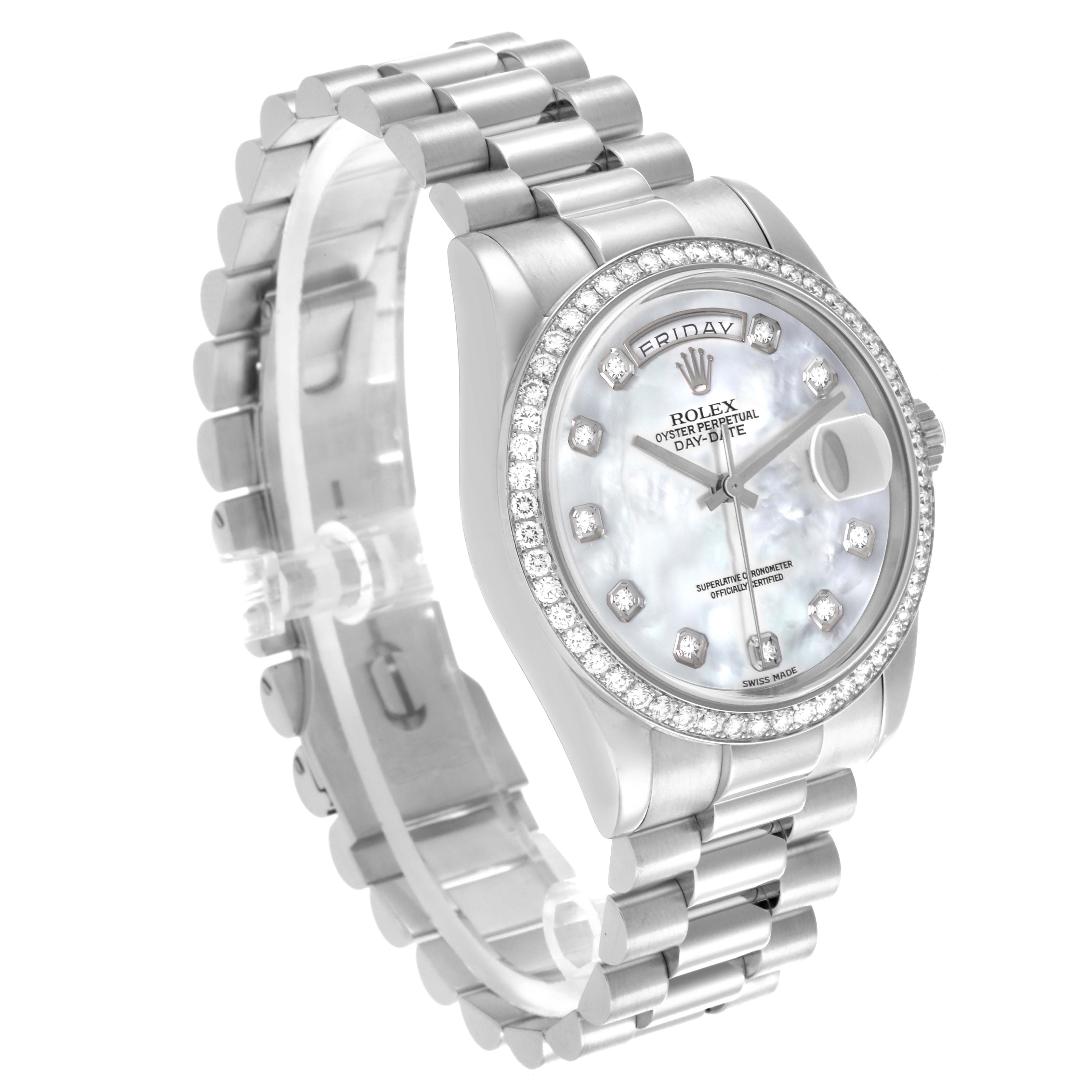 The Rolex President 118346 Men's Platinum Mother of Pearl Dial 118346 Men's Platinum Mother of Pearl Dial model watch is shown at a slight angle, highlighting the face, bezel, and bracelet.