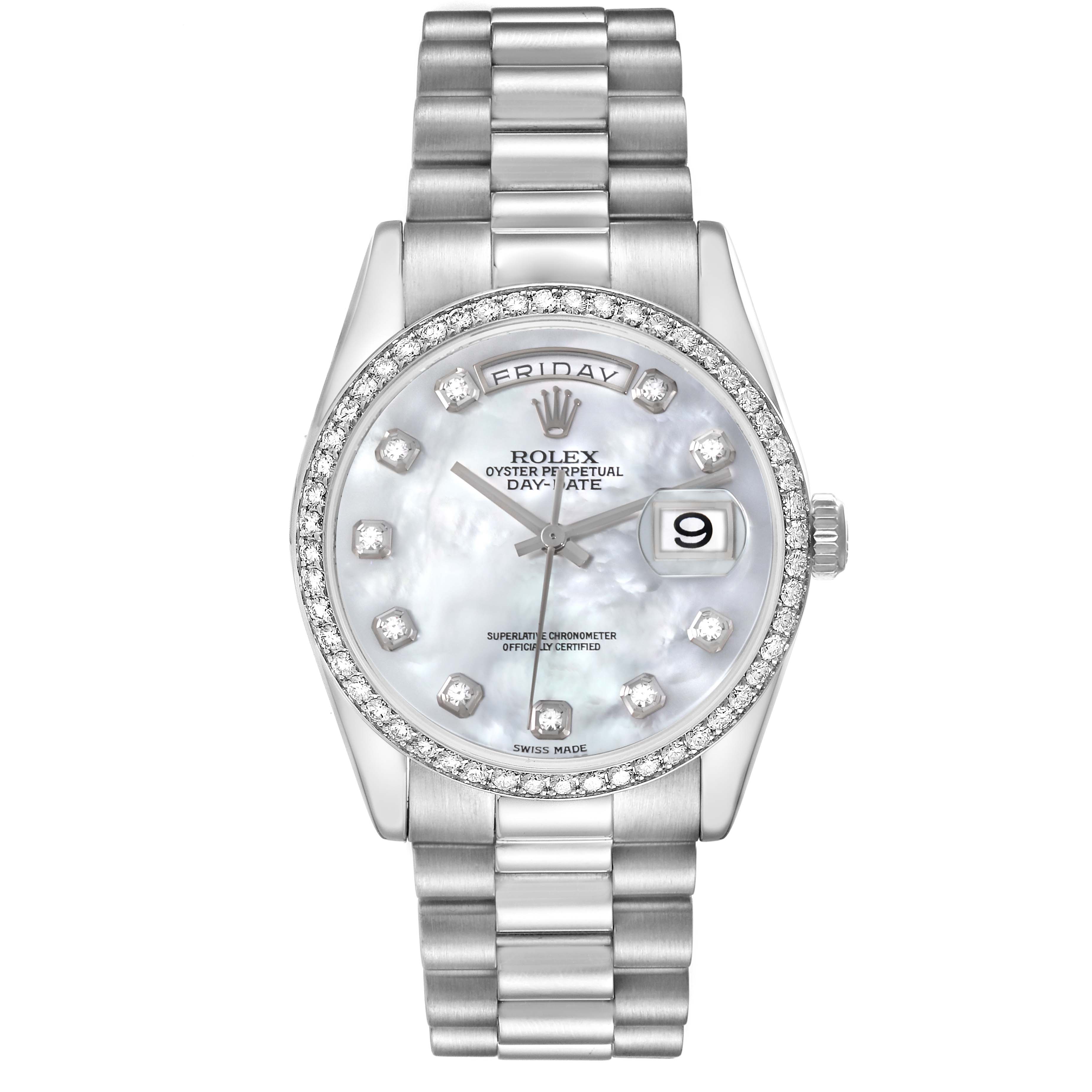 The Rolex President 118346 Men's Platinum Mother of Pearl Dial 118346 Men's Platinum Mother of Pearl Dial model is shown from the front, displaying its face, bezel, crown, and bracelet.