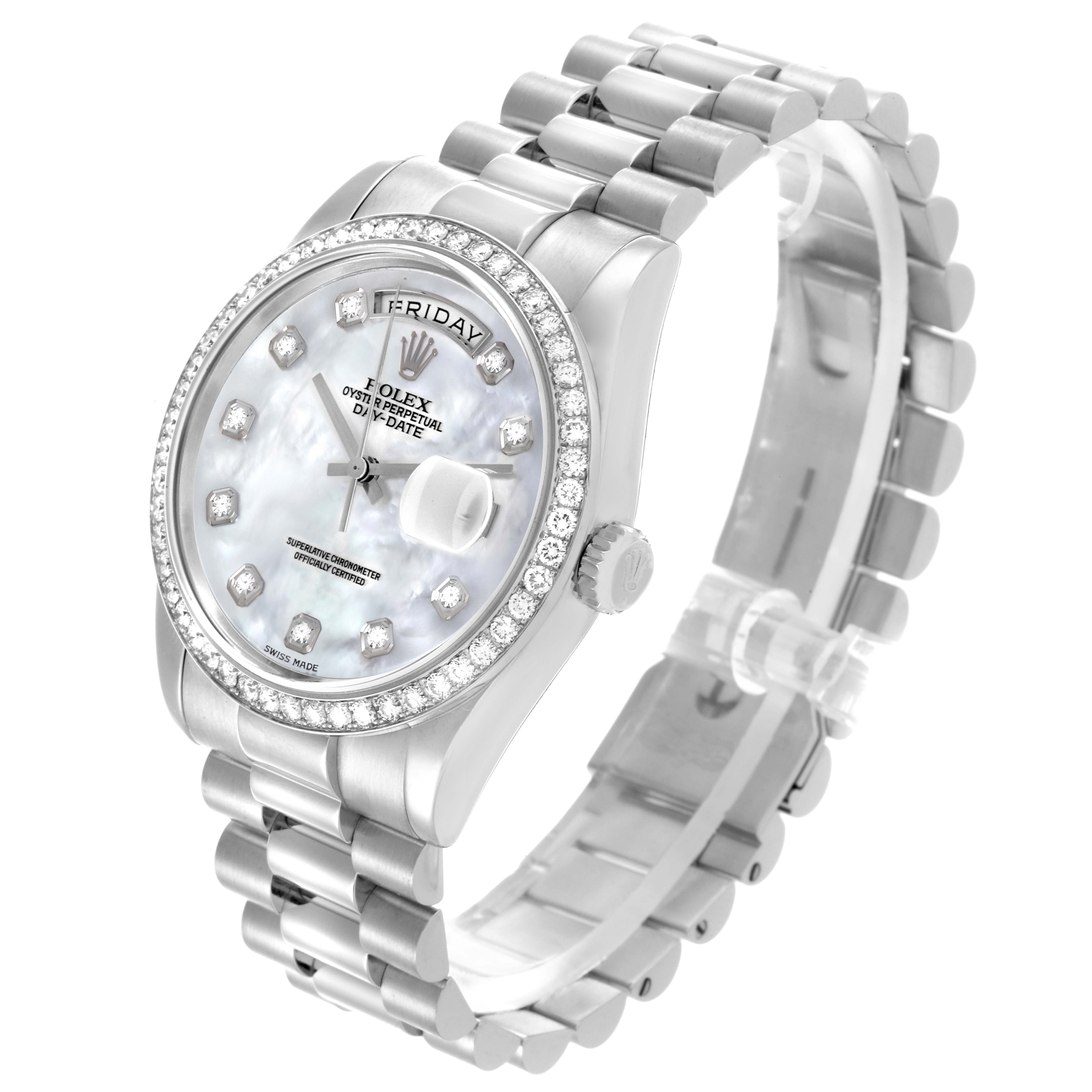 The Rolex President 118346 Men's Platinum Mother of Pearl Dial 118346 Men's Platinum Mother of Pearl Dial watch is shown at a slight angle, displaying the face, bezel, crown, and full bracelet.