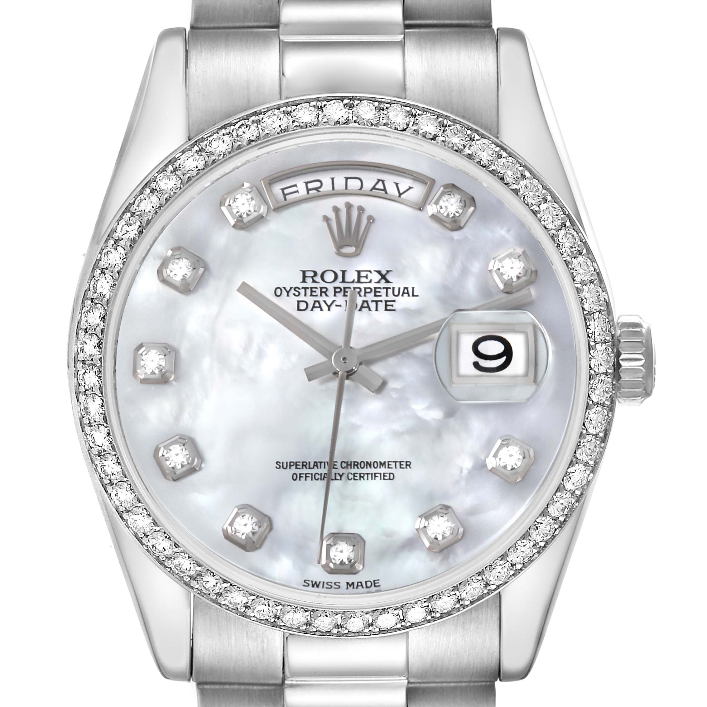 The Rolex President 118346 Men's Platinum Mother of Pearl Dial 118346 Men's Platinum Mother of Pearl Dial watch is shown from the front, displaying the dial, bezel, and part of the bracelet.