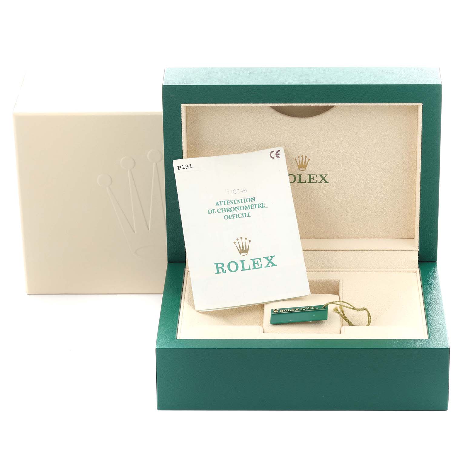 The image shows the packaging and documents for a Rolex President 118346 Men's Platinum Mother of Pearl Dial 118346 Men's Platinum Mother of Pearl Dial model, including the box and certificate.