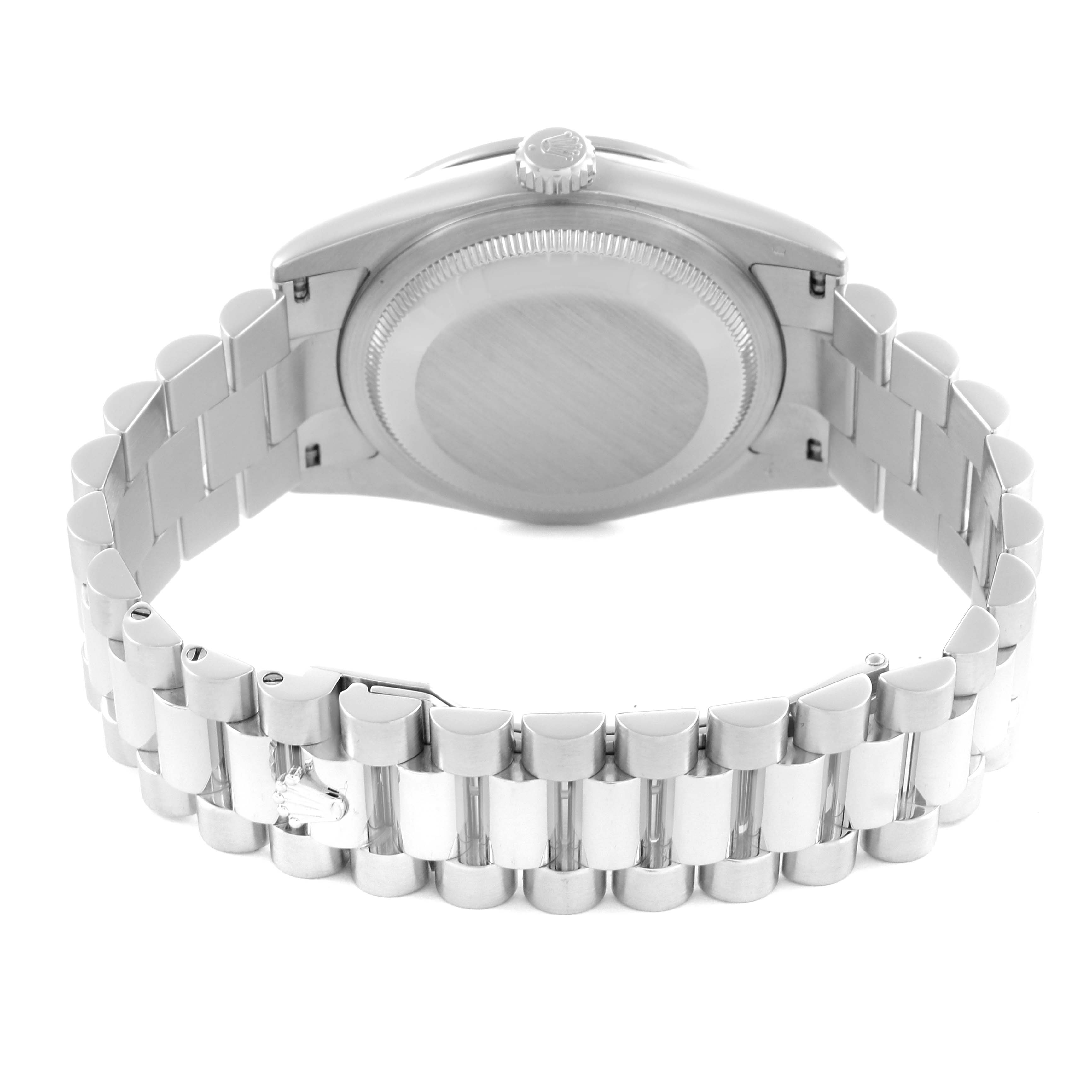 The image shows the back of a Rolex President 118346 Men's Platinum Mother of Pearl Dial 118346 Men's Platinum Mother of Pearl Dial model watch, highlighting the bracelet and case back from a rear angle.