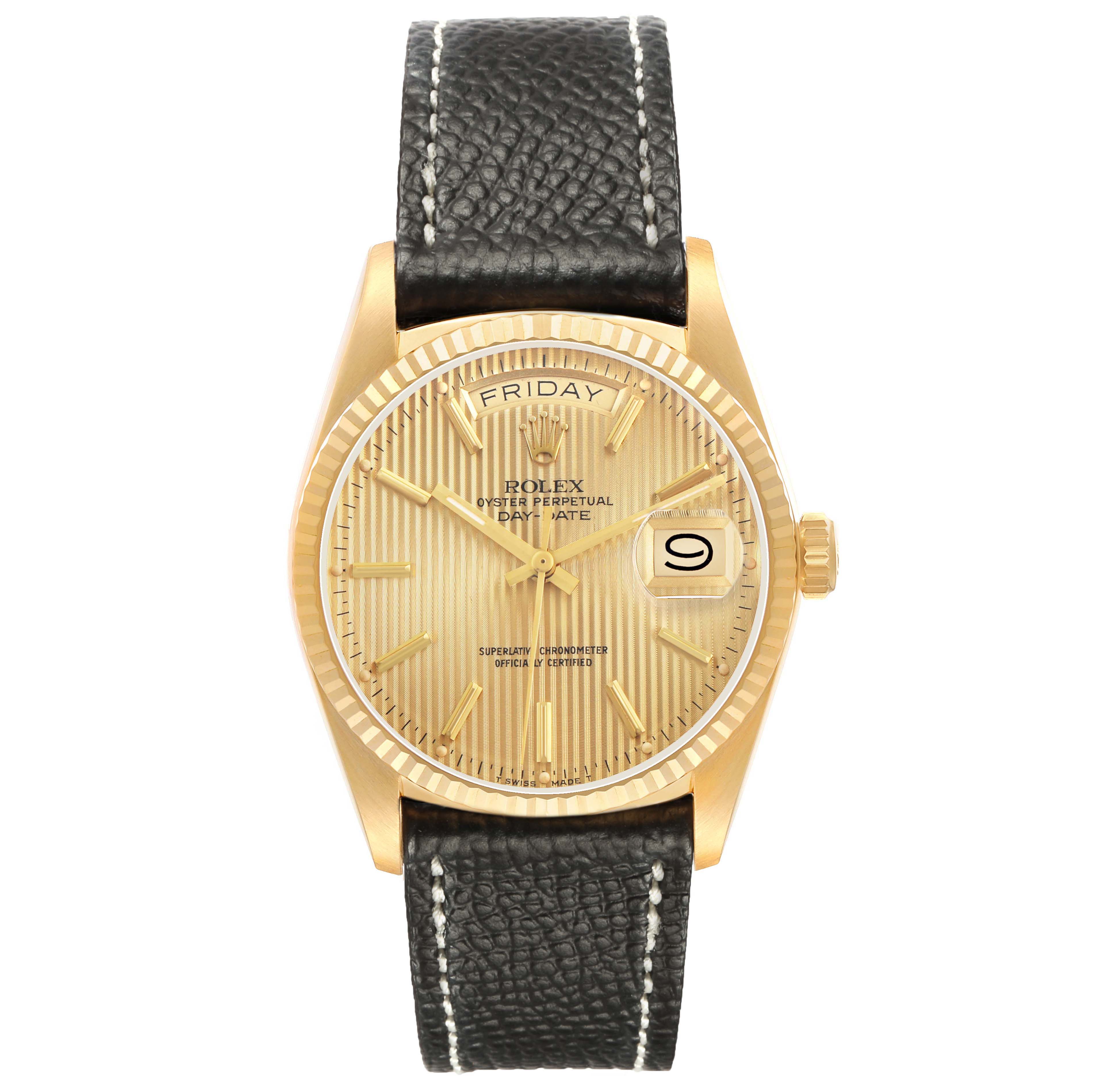 The Rolex President 18038 Men's Yellow Gold Champagne Dial model watch is shown from a top view, displaying the gold case, dial, and leather strap.