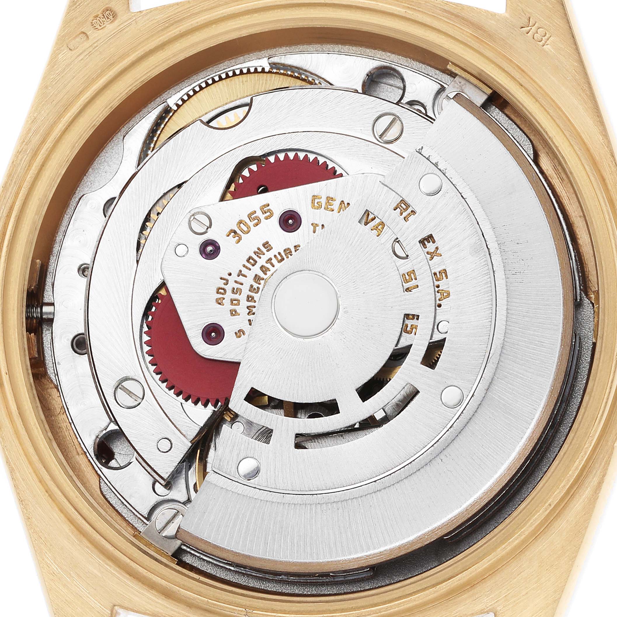 The image shows the movement of a Rolex President 18038 Men's Yellow Gold Champagne Dial watch model from a top-down angle, highlighting its intricate mechanics.