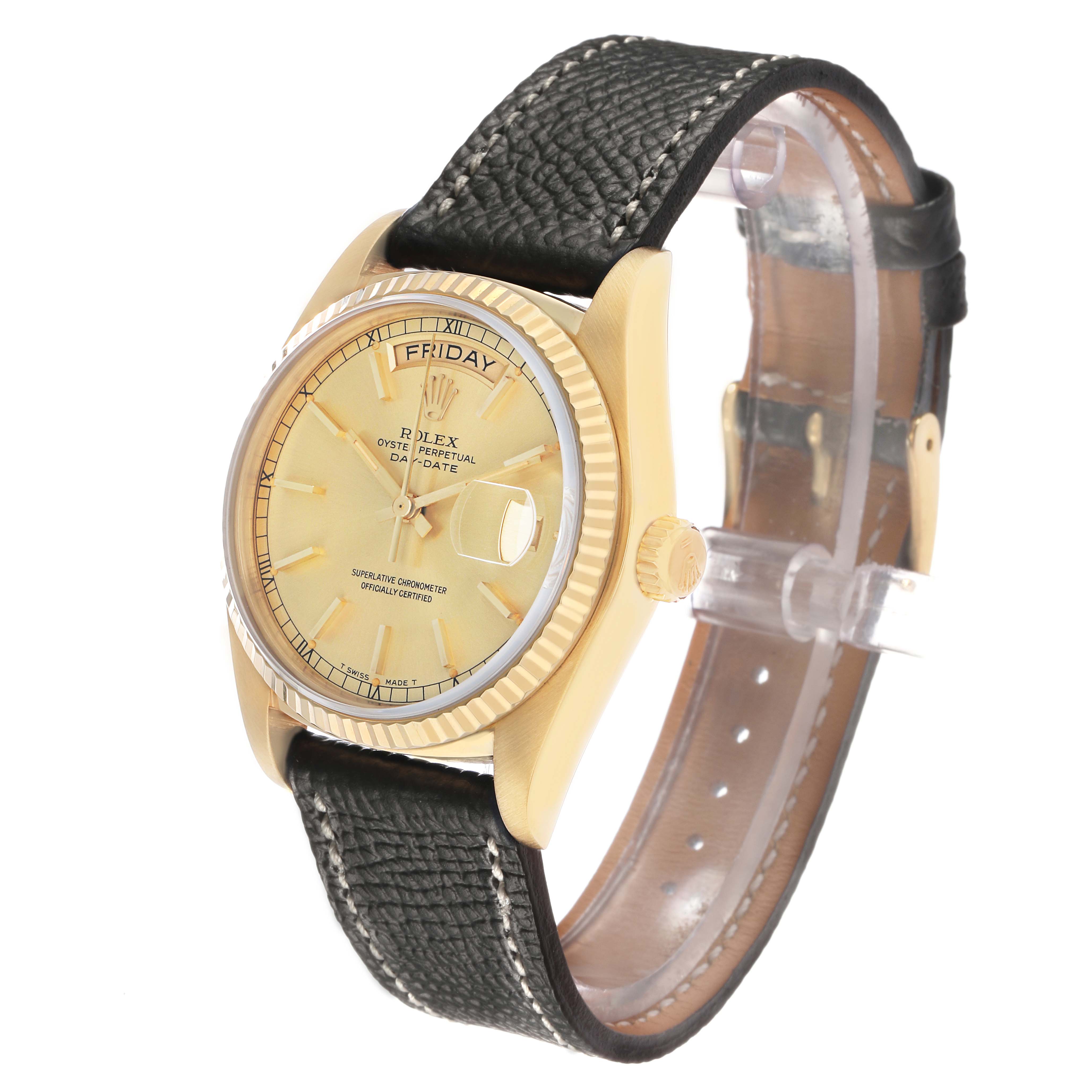 The image shows a Rolex President 18038 Men's Yellow Gold Champagne Dial watch at a three-quarter angle, highlighting the dial, bezel, strap, and crown.