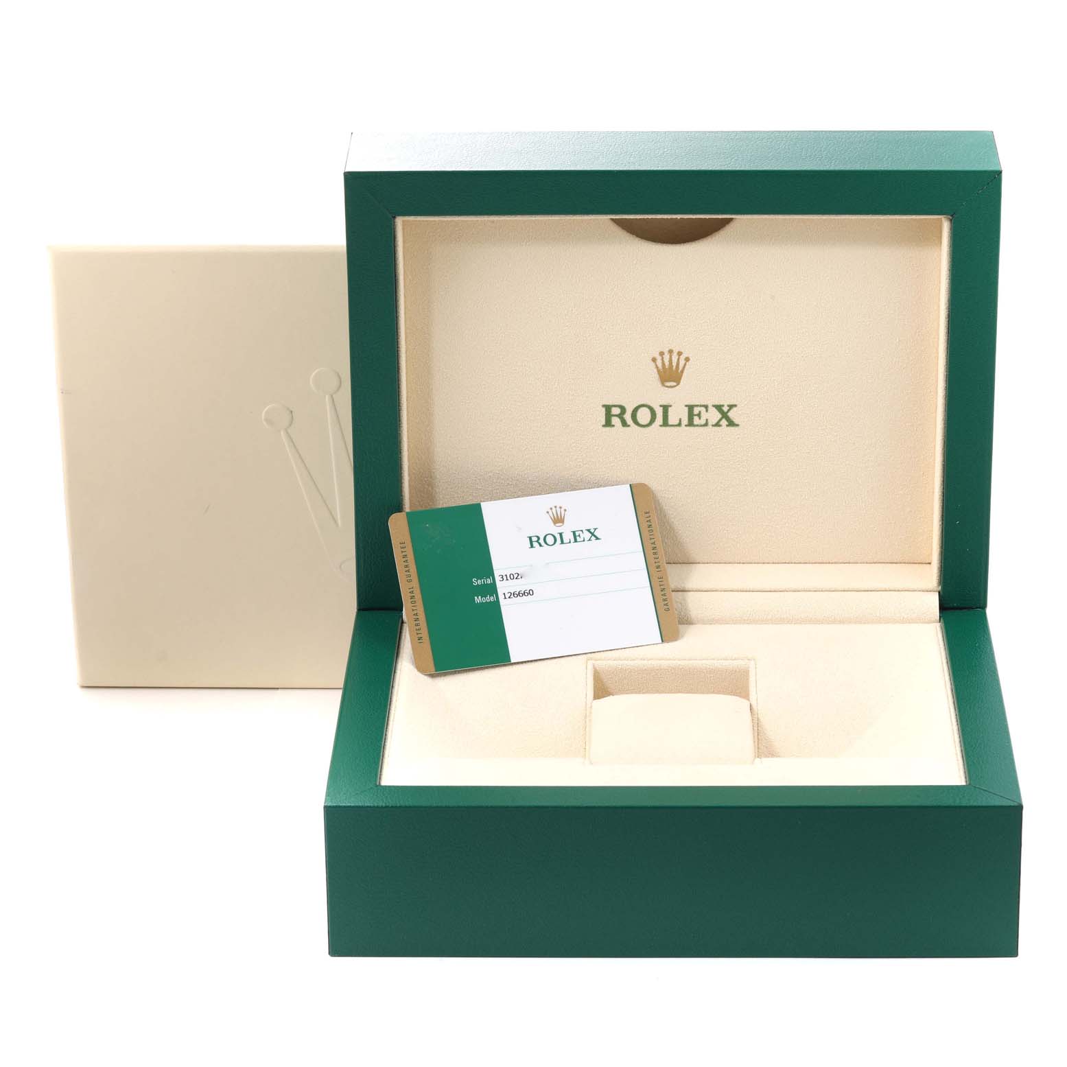 The image shows the opened case for a Rolex Sea-Dweller 126660 Men's Stainless Steel Blue Dial 126660 Men's Stainless Steel Blue Dial watch, revealing the interior and a warranty card.