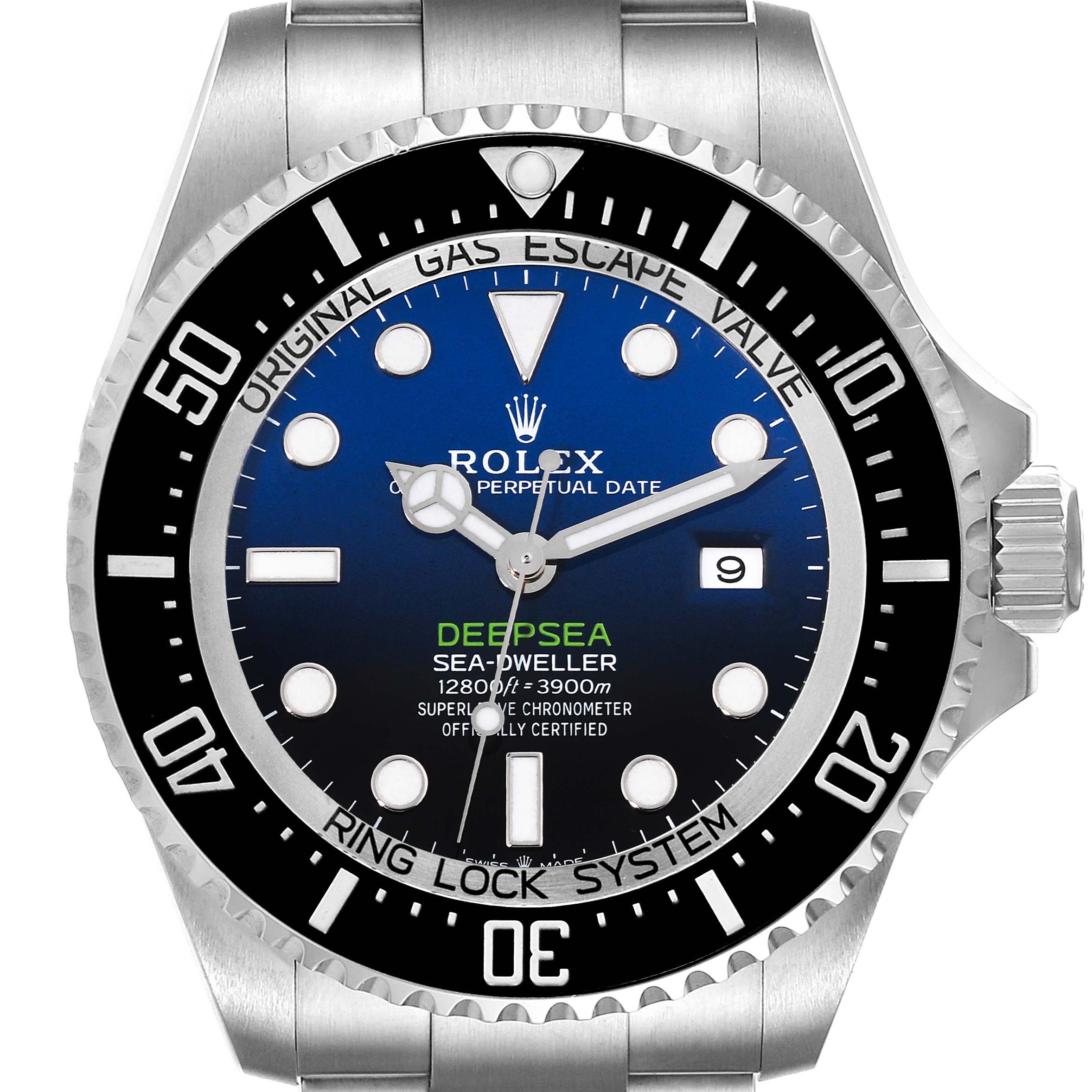 The Rolex Sea-Dweller 126660 Men's Stainless Steel Blue Dial 126660 Men's Stainless Steel Blue Dial watch is shown from the front, displaying its dial, bezel, crown, and part of the bracelet.