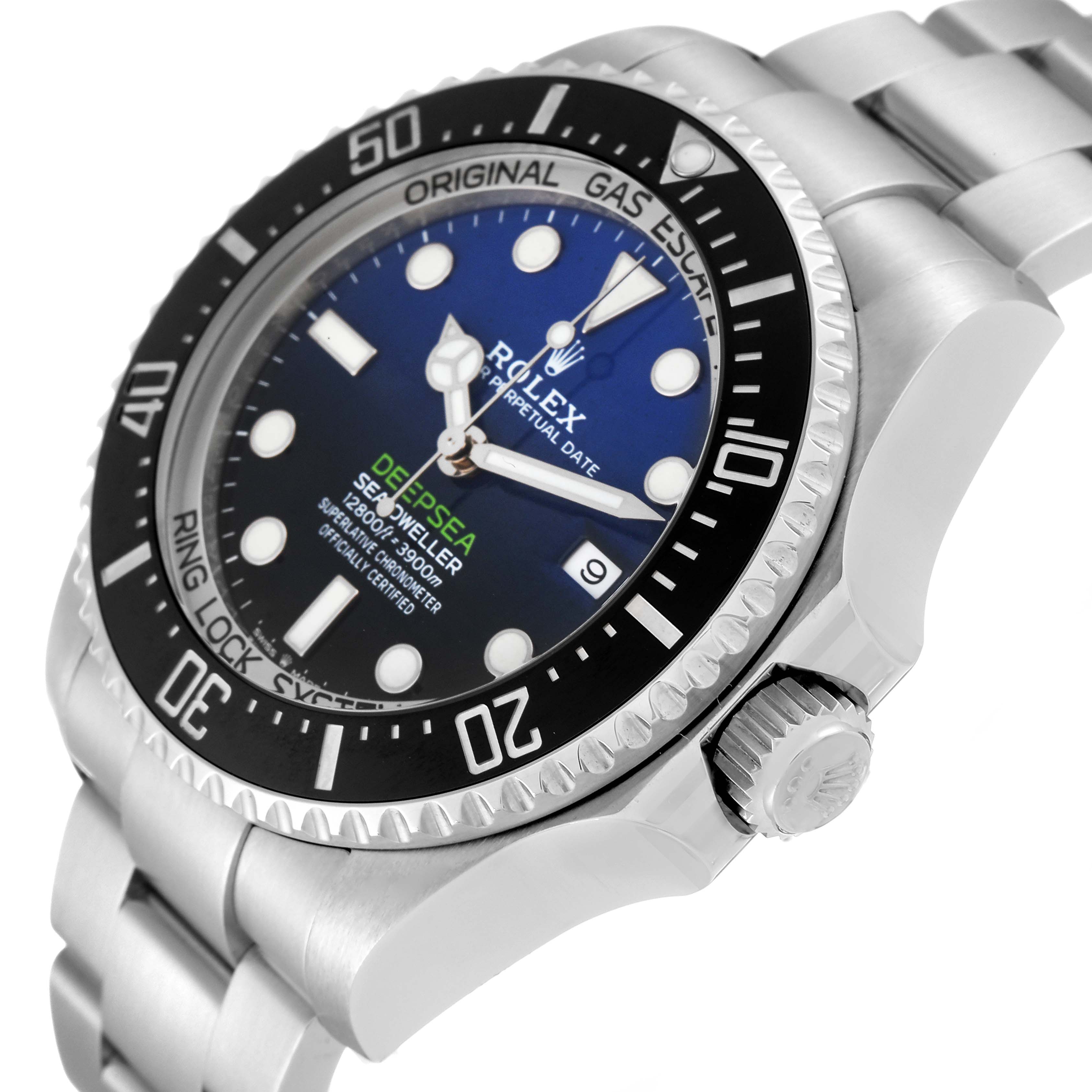 The image shows a close-up, angled view of a Rolex Sea-Dweller 126660 Men's Stainless Steel Blue Dial 126660 Men's Stainless Steel Blue Dial watch, highlighting the dial, bezel, and part of the bracelet.