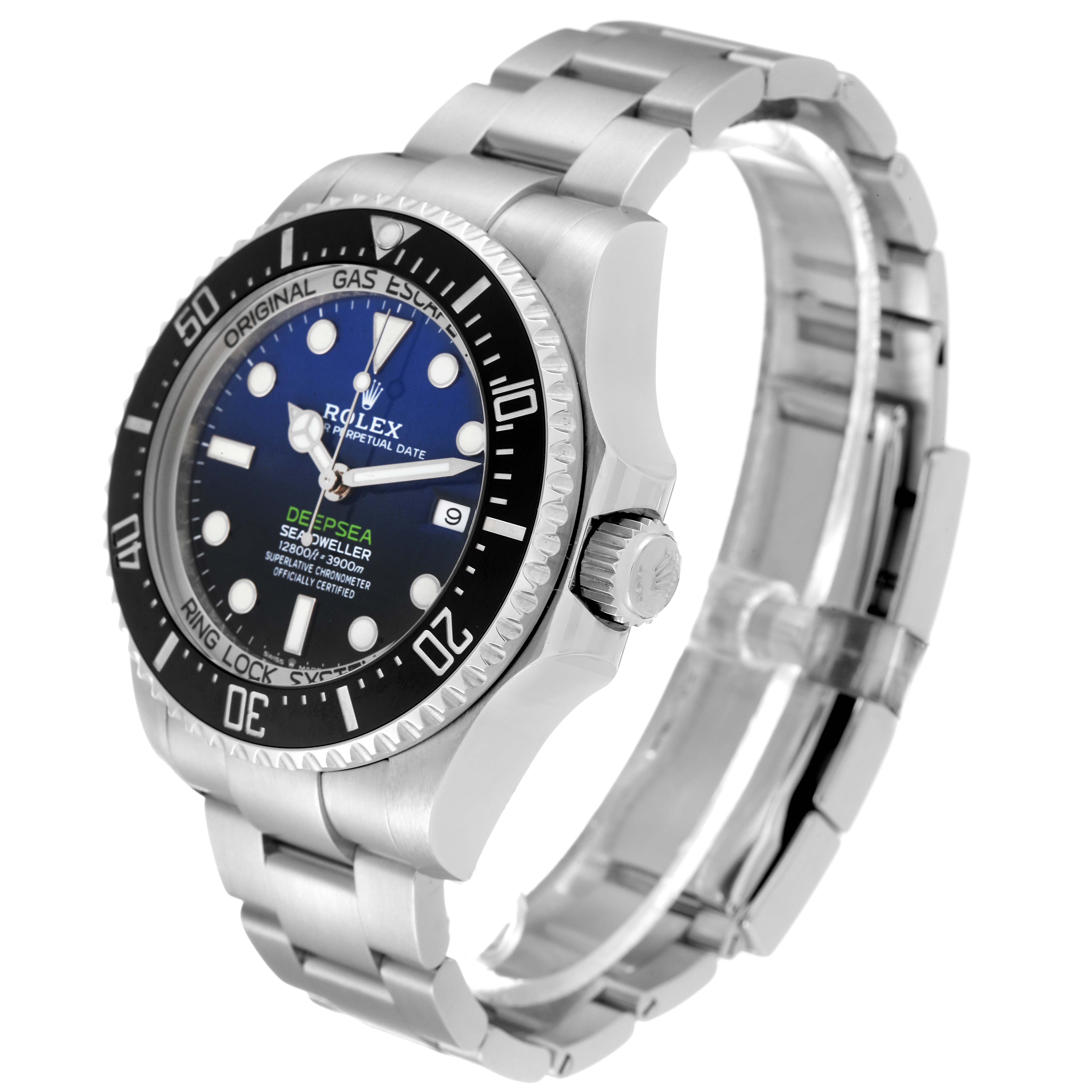 The Rolex Sea-Dweller 126660 Men's Stainless Steel Blue Dial 126660 Men's Stainless Steel Blue Dial watch is shown at a three-quarter angle, displaying the face, bezel, and metal bracelet.