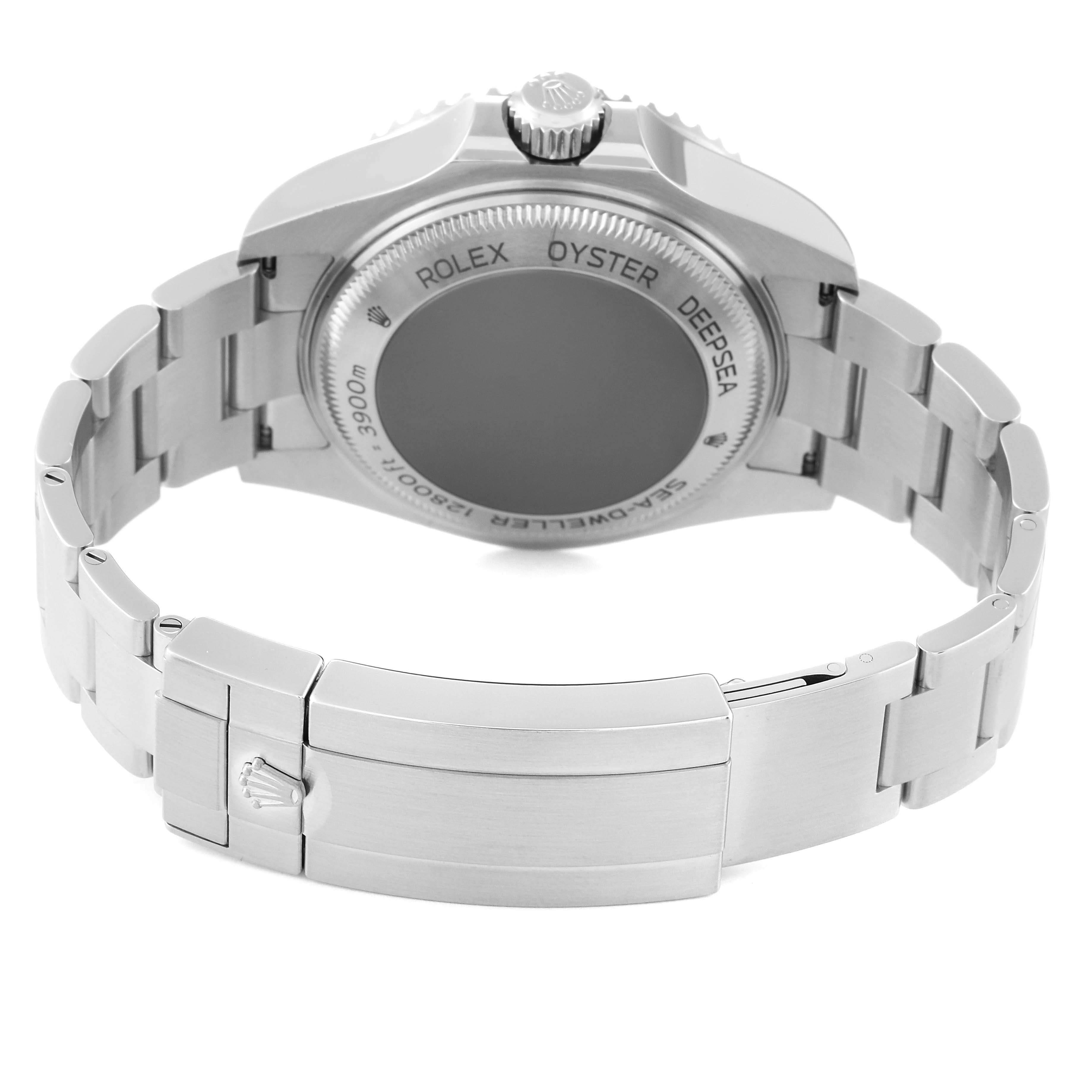 The image shows the back casing and bracelet of a Rolex Sea-Dweller 126660 Men's Stainless Steel Blue Dial 126660 Men's Stainless Steel Blue Dial watch with its deployment clasp prominently displayed.