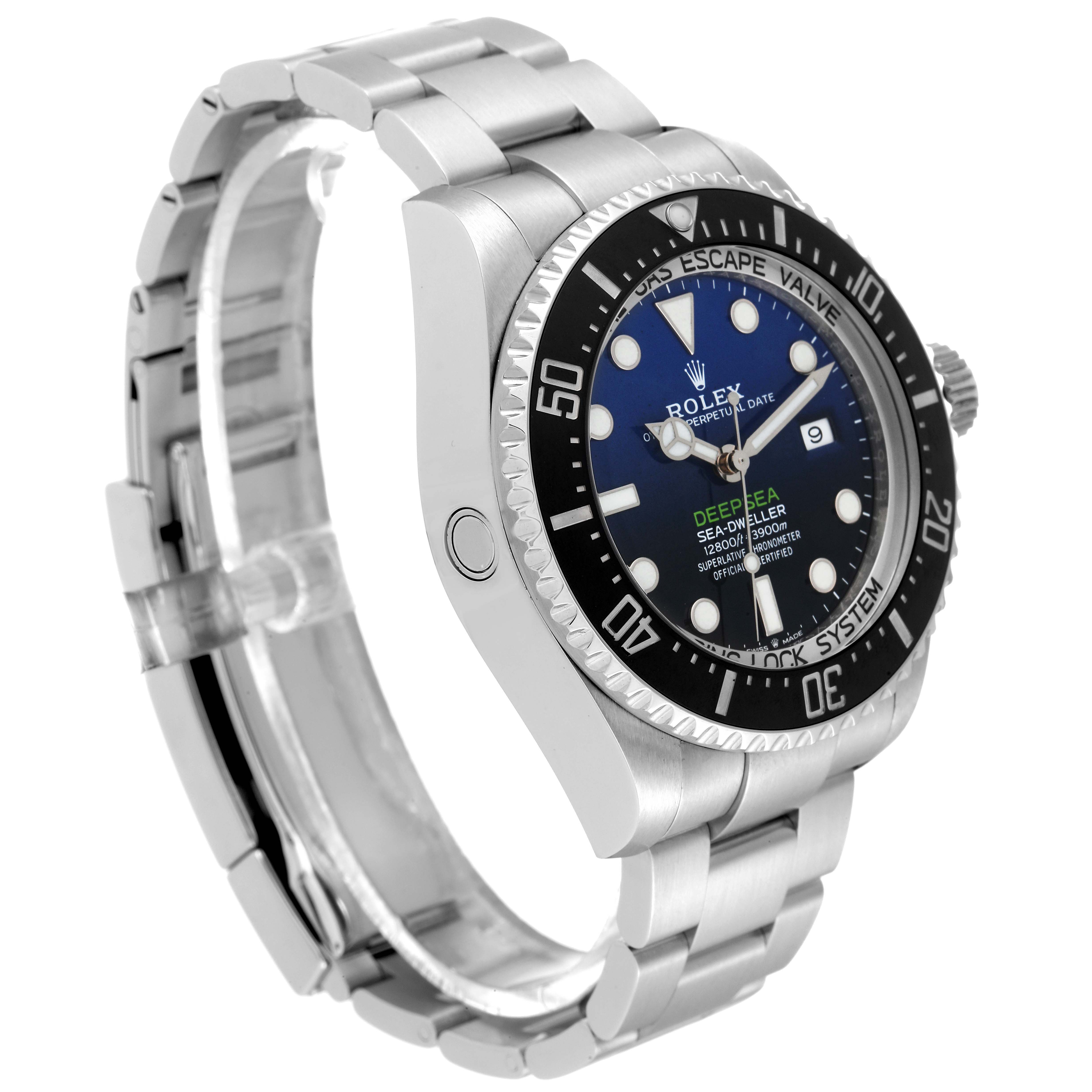 The image shows a side angle of a Rolex Sea-Dweller 126660 Men's Stainless Steel Blue Dial 126660 Men's Stainless Steel Blue Dial watch, highlighting the dial, bezel, crown, and bracelet.