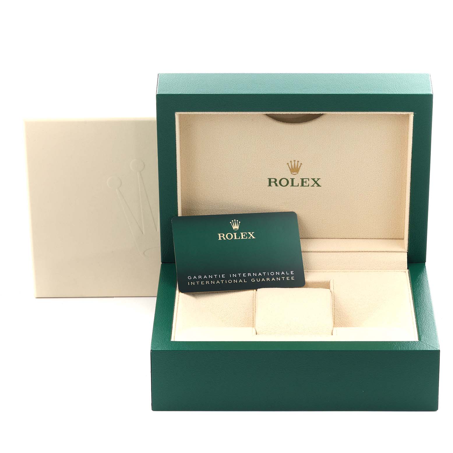 The image shows a Rolex Sky-Dweller 336934 Men's Stainless Steel Green Dial 336934 Men's Stainless Steel Green Dial watch box with an international guarantee card, viewed from the front.