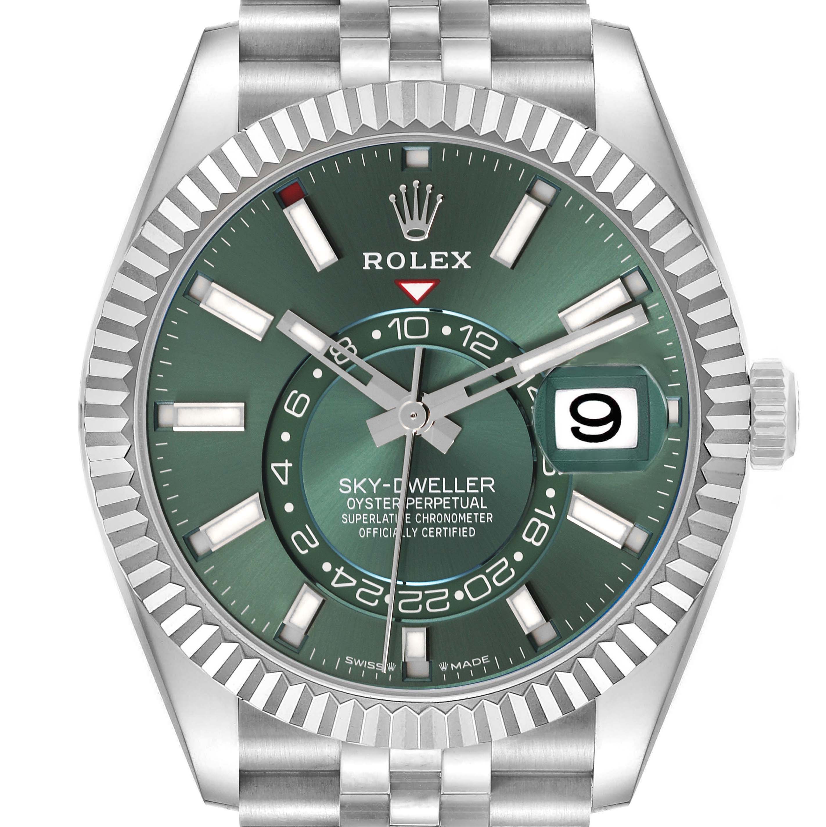 The Rolex Sky-Dweller 336934 Men's Stainless Steel Green Dial 336934 Men's Stainless Steel Green Dial is shown from the front, displaying its green dial, bezel, hands, date, and part of the bracelet.