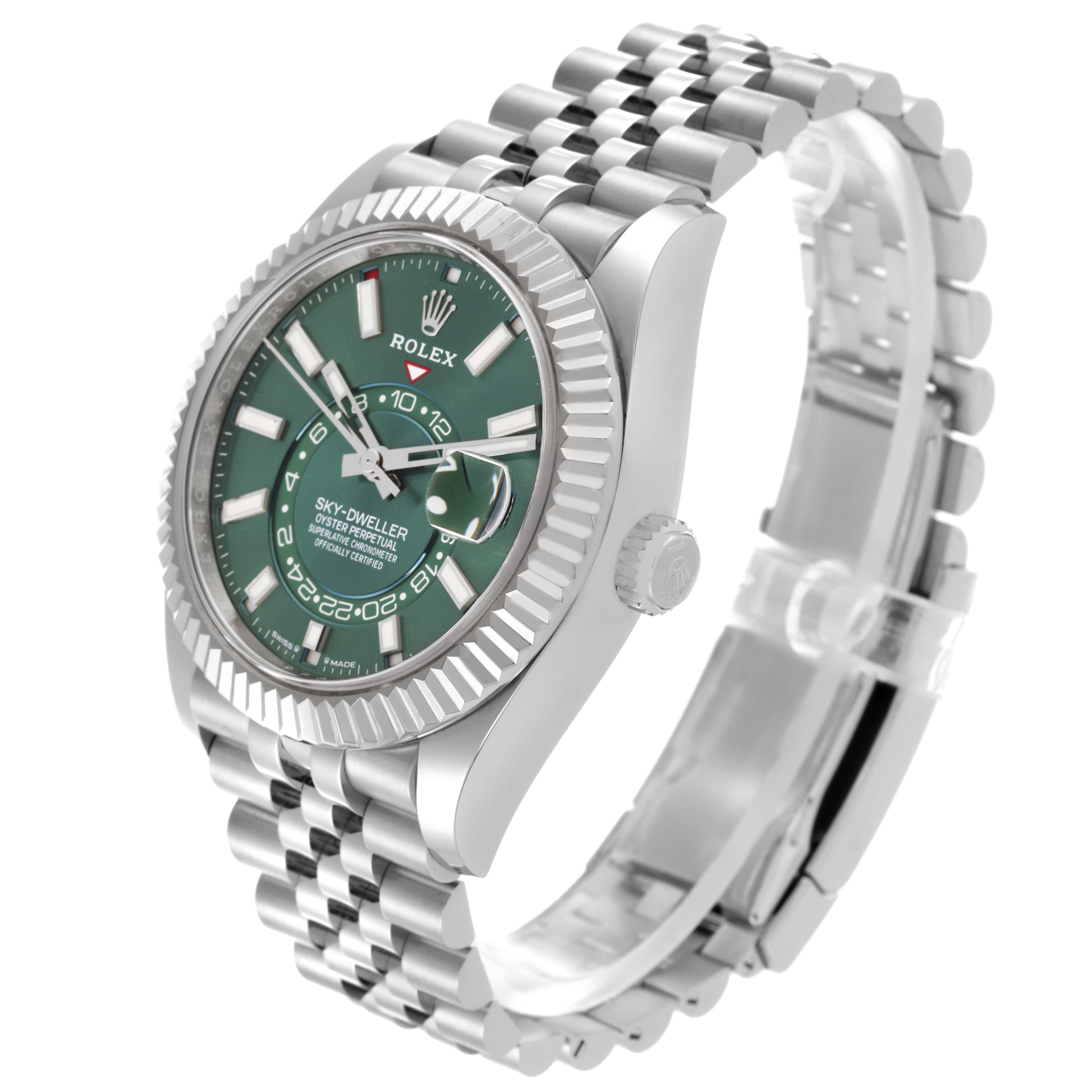 The Rolex Sky-Dweller 336934 Men's Stainless Steel Green Dial 336934 Men's Stainless Steel Green Dial watch is shown from a three-quarter angle, displaying the face, bezel, crown, and part of the bracelet.