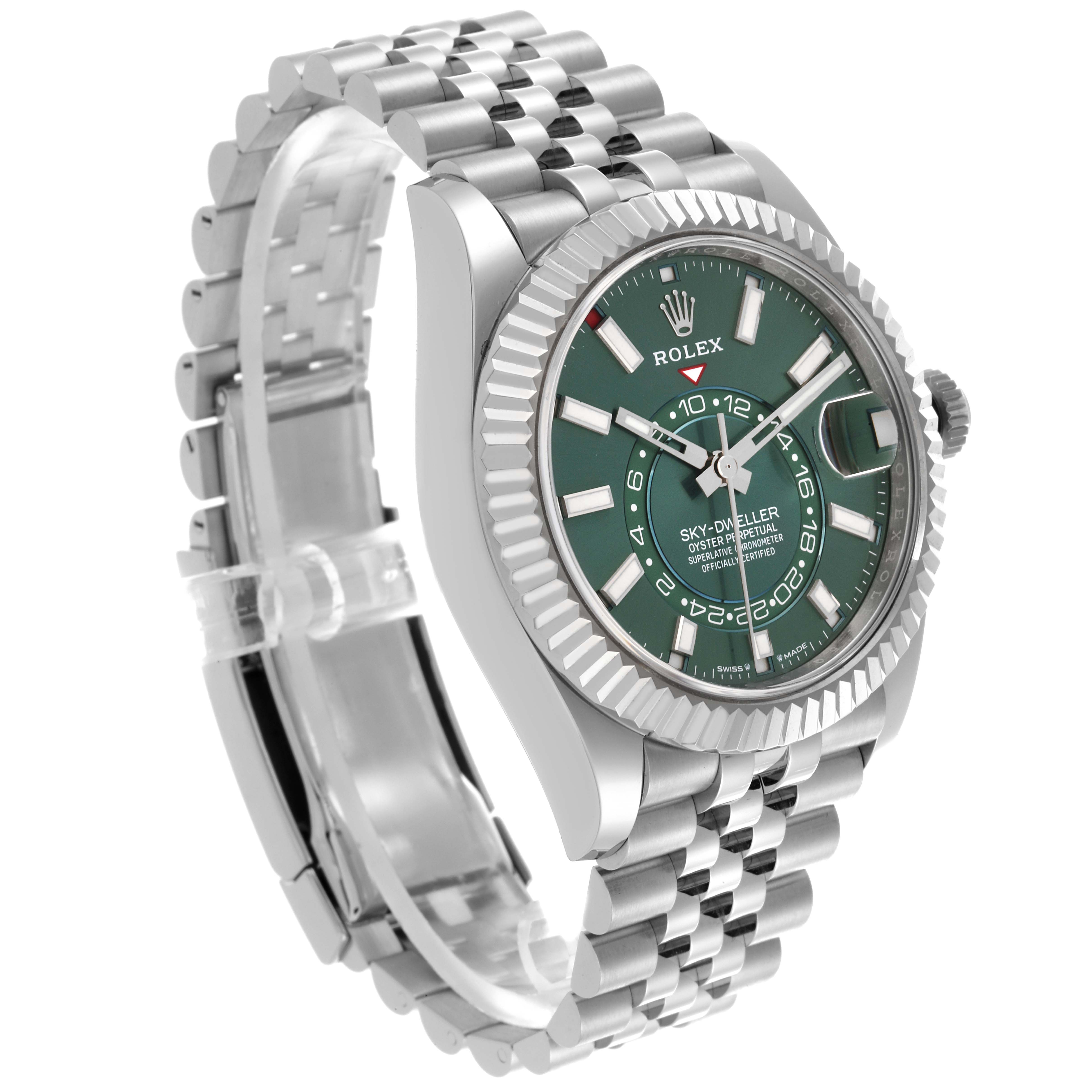 The Rolex Sky-Dweller 336934 Men's Stainless Steel Green Dial 336934 Men's Stainless Steel Green Dial is shown at an angled side view, highlighting its dial, bezel, case, and bracelet.