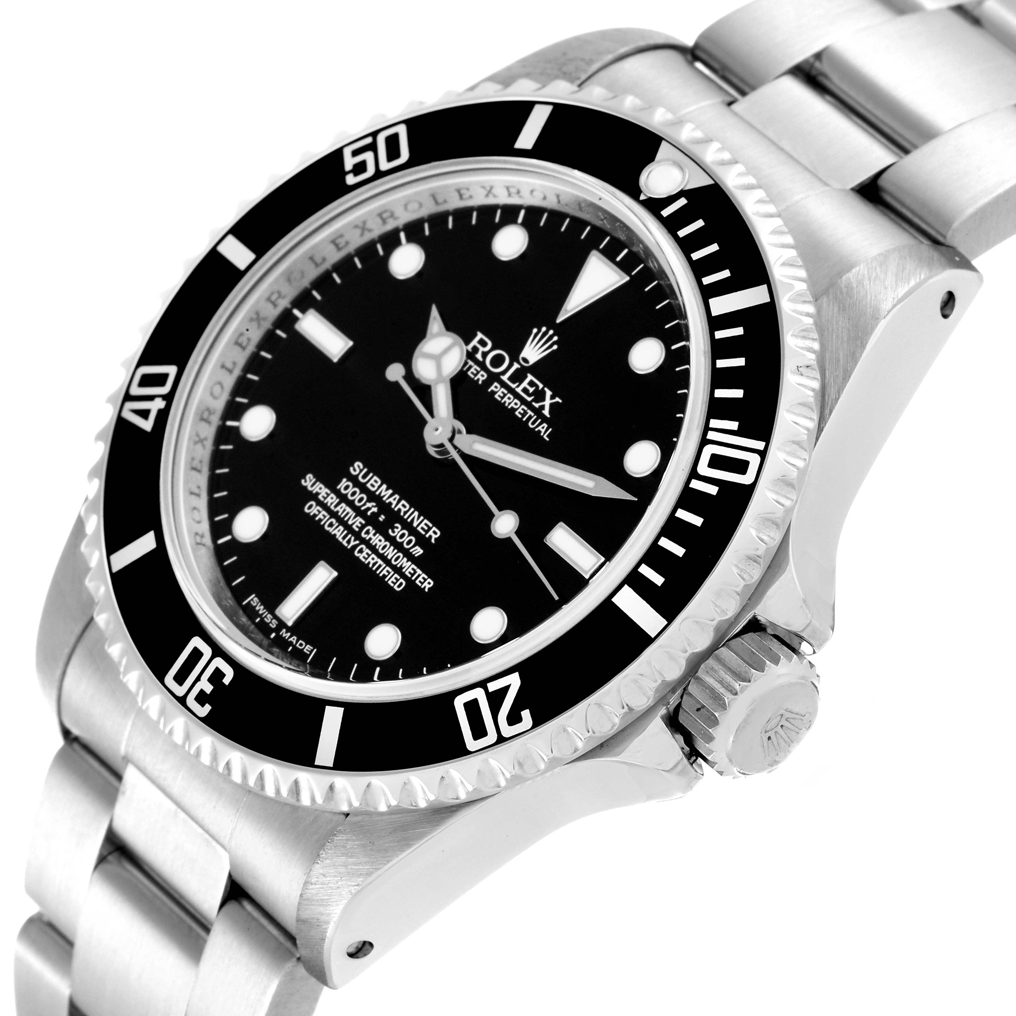 This image shows a side view of the Rolex Submariner 14060M Men's Stainless Steel Black Dial 14060M Men's Stainless Steel Black Dial watch, highlighting the bezel, face, crown, and part of the bracelet.