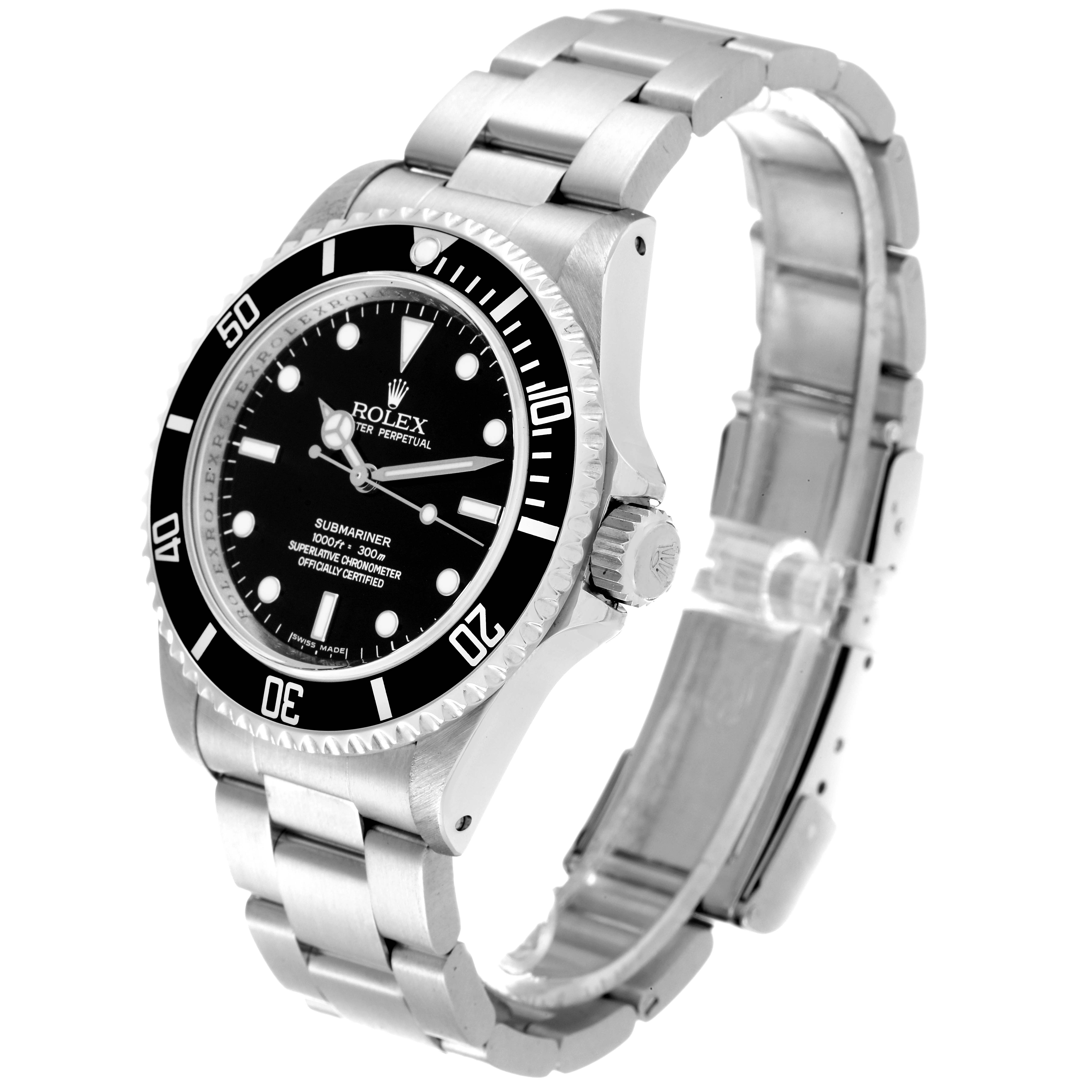 The image shows a Rolex Submariner 14060M Men's Stainless Steel Black Dial 14060M Men's Stainless Steel Black Dial watch at a three-quarter angle, highlighting its face, bezel, and bracelet.