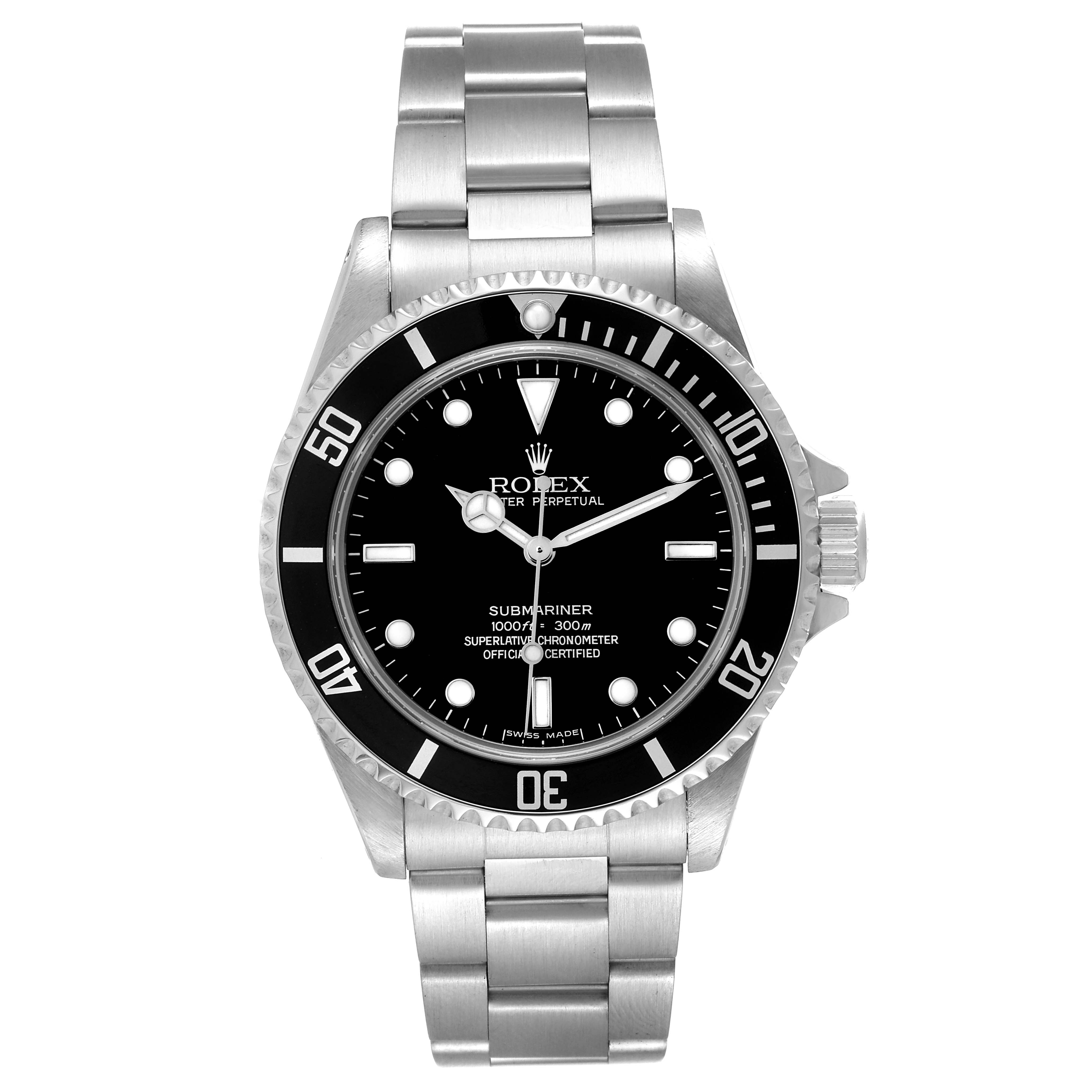 This image shows a front view of a Rolex Submariner 14060M Men's Stainless Steel Black Dial 14060M Men's Stainless Steel Black Dial watch, displaying its face, bezel, and metal bracelet.