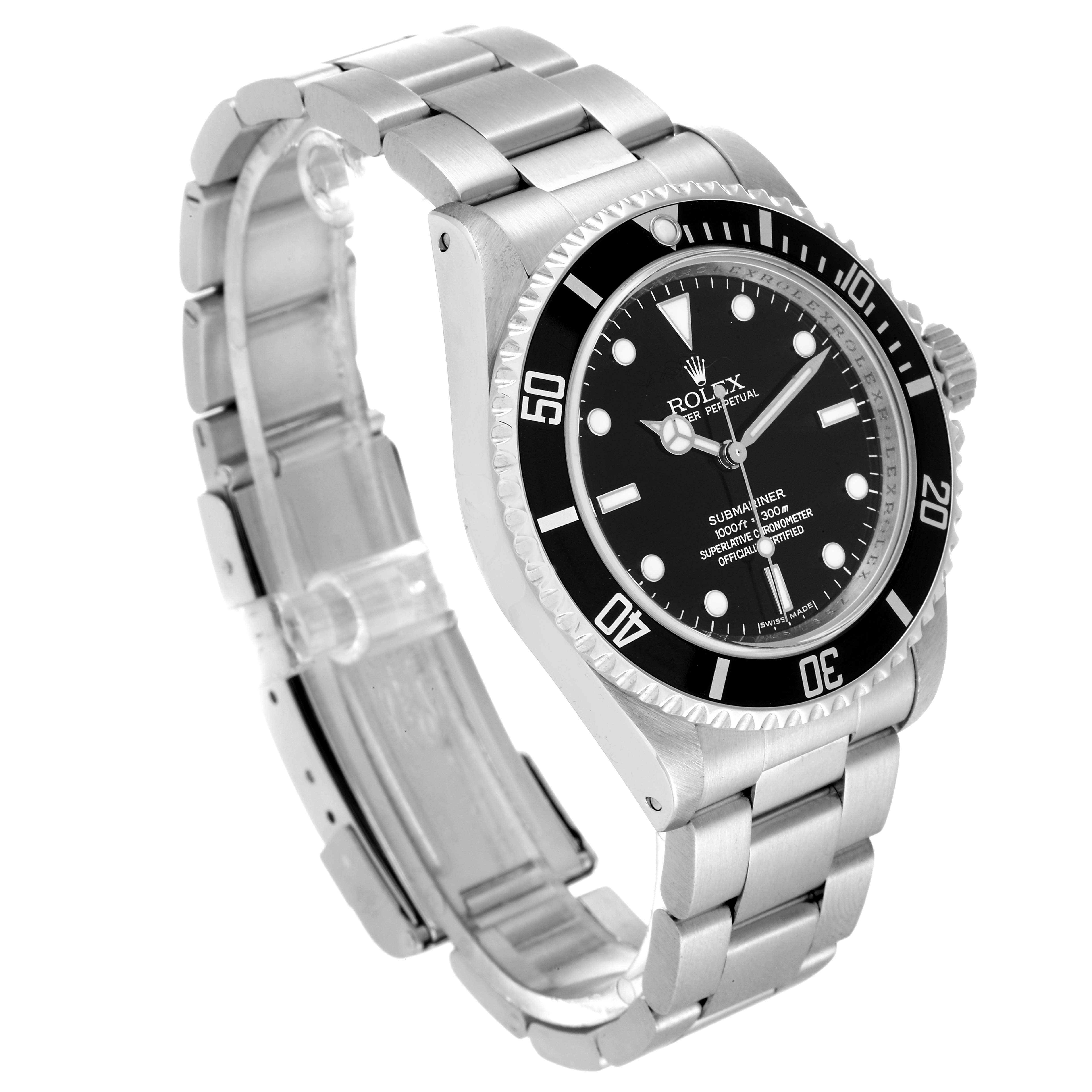 The image shows a side angle of the Rolex Submariner 14060M Men's Stainless Steel Black Dial 14060M Men's Stainless Steel Black Dial watch, highlighting its face, bezel, crown, and metal bracelet.