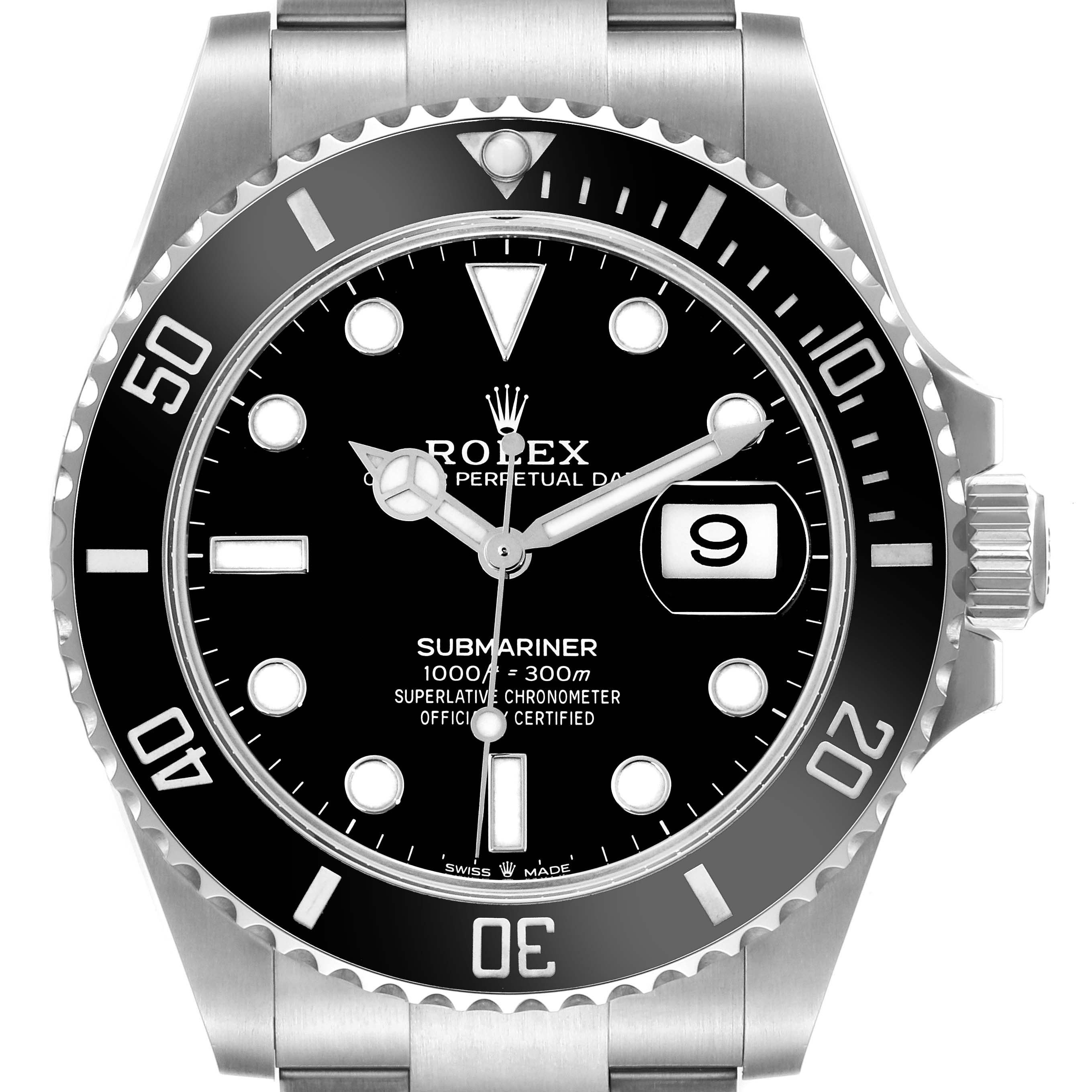 The image shows a front view of the Rolex Submariner 126610 Men
s Stainless Steel Black Dial 126610 Men
s Stainless Steel Black Dial watch, highlighting the bezel, dial, hands, and date window.