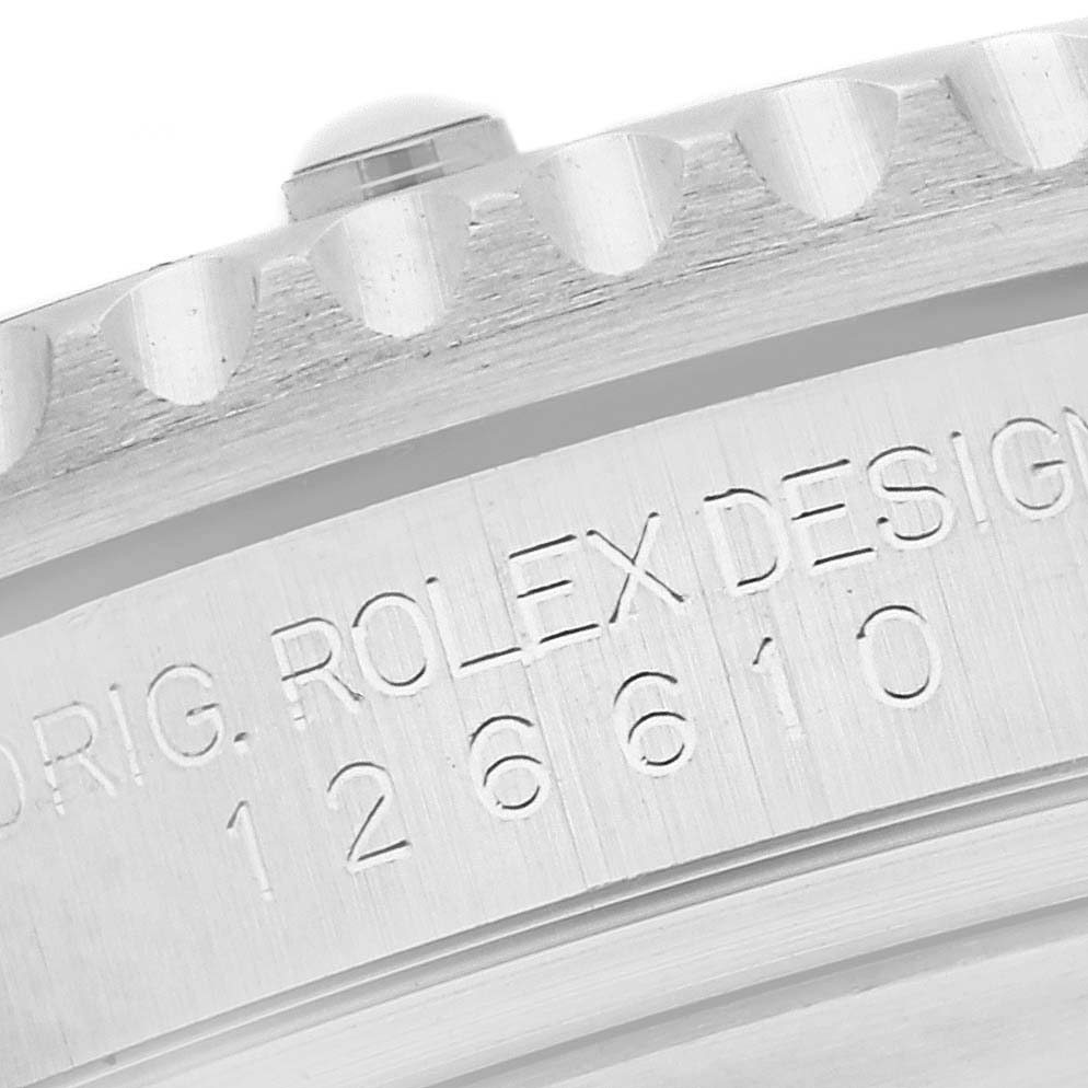 The image shows a close-up of the side and edge of a Rolex Submariner 126610 Men
s Stainless Steel Black Dial 126610 Men
s Stainless Steel Black Dial
s case with the model number engraved.