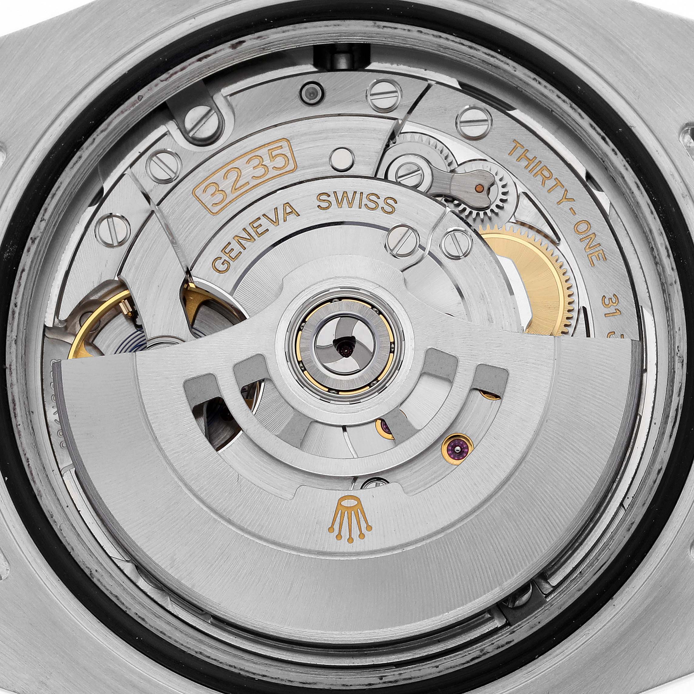 The image shows the intricate movement mechanism of the Rolex Submariner 126610 Men
s Stainless Steel Black Dial 126610 Men
s Stainless Steel Black Dial from a top-down view.