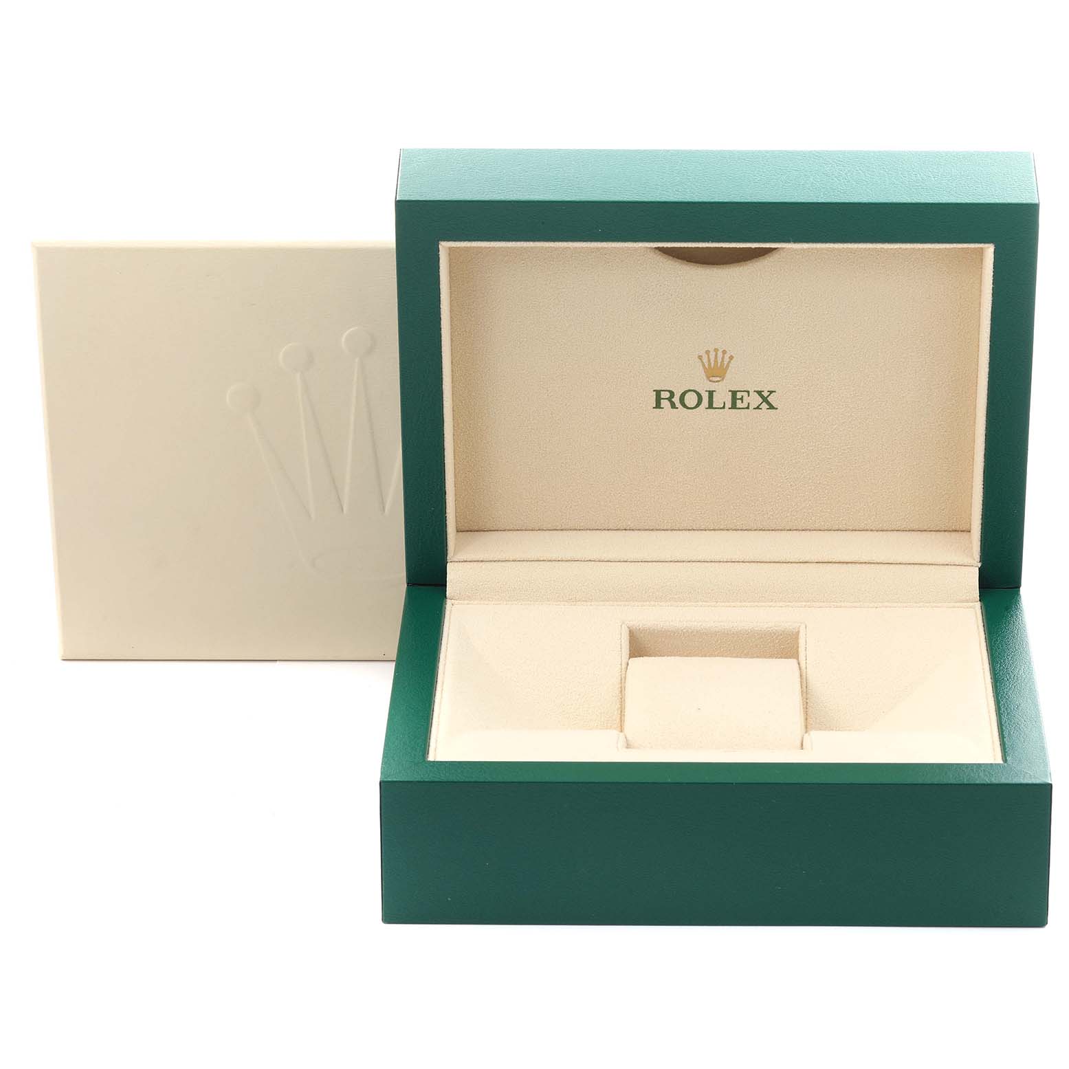The image shows an open Rolex Submariner 126610 Men
s Stainless Steel Black Dial 126610 Men
s Stainless Steel Black Dial watch box with a green exterior and beige interior, displaying the brand logo inside.