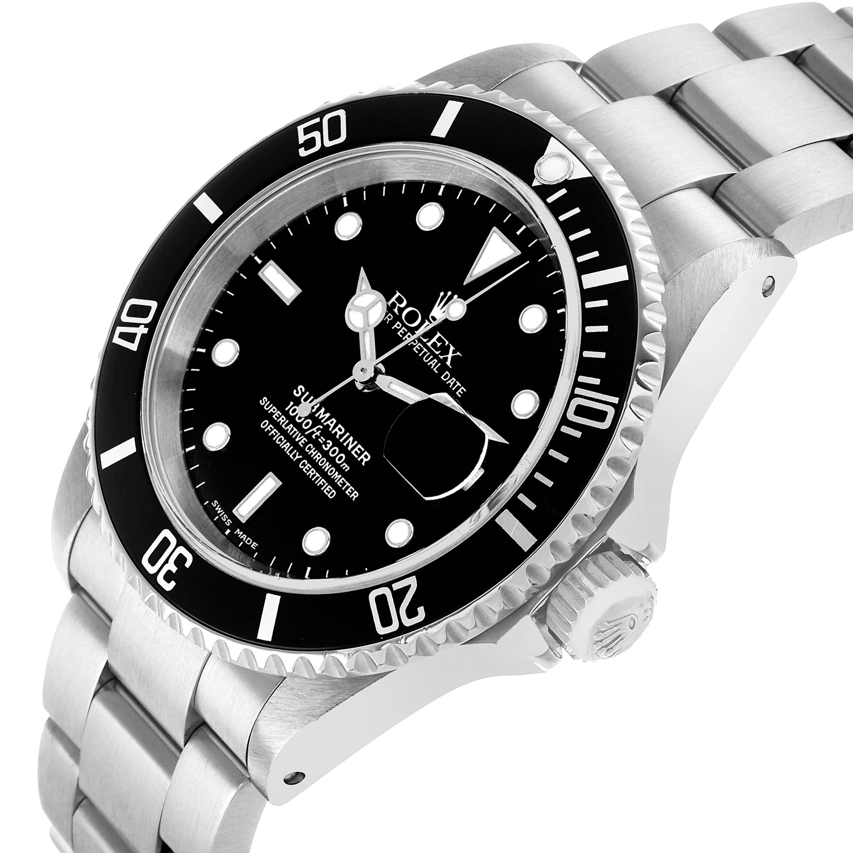 The Rolex Submariner 16610 Men's Stainless Steel Black Dial watch is angled showing the face, bezel, crown, and part of the bracelet.