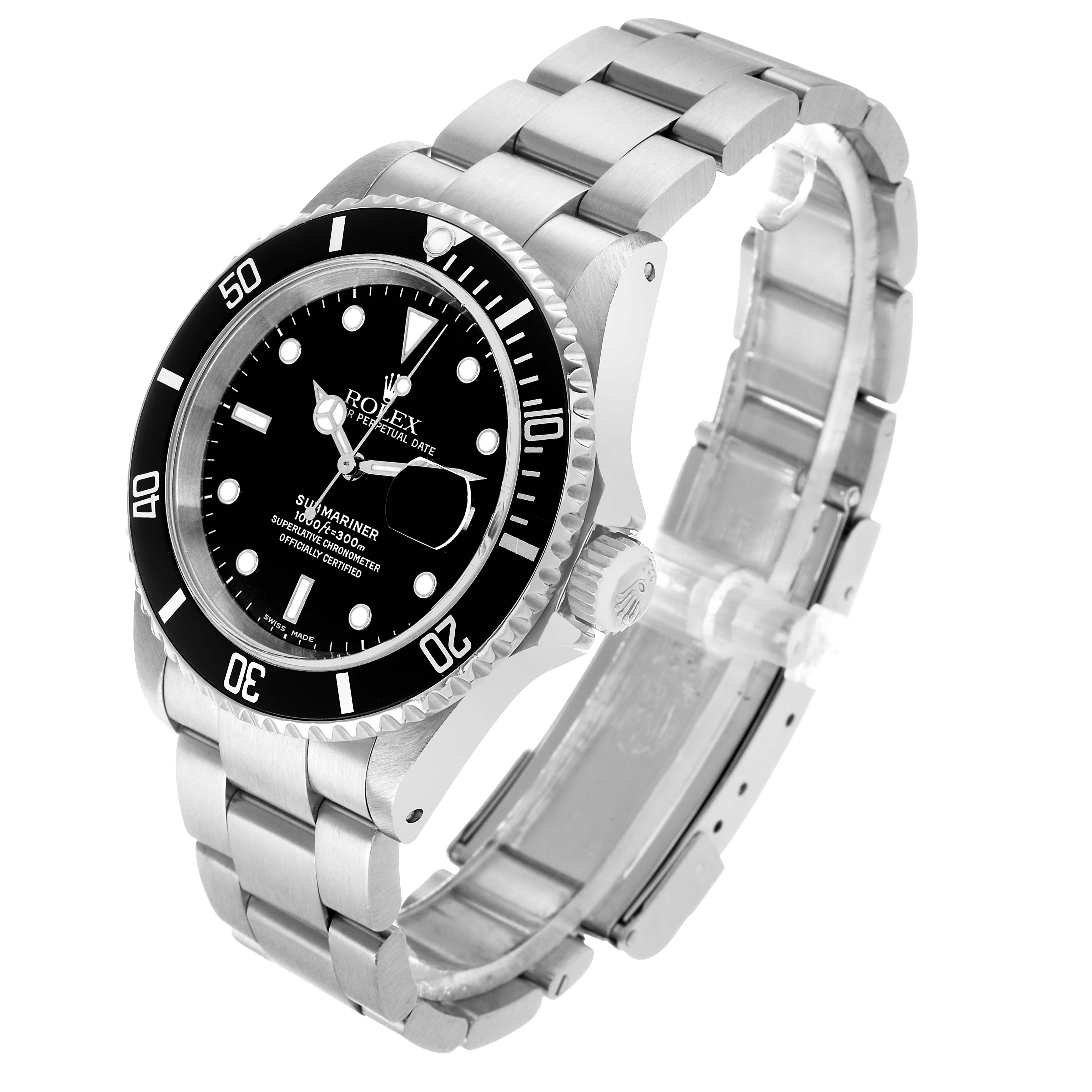 The Rolex Submariner 16610 Men's Stainless Steel Black Dial watch is shown at a slight angle, highlighting the face, bezel, bracelet, and crown.