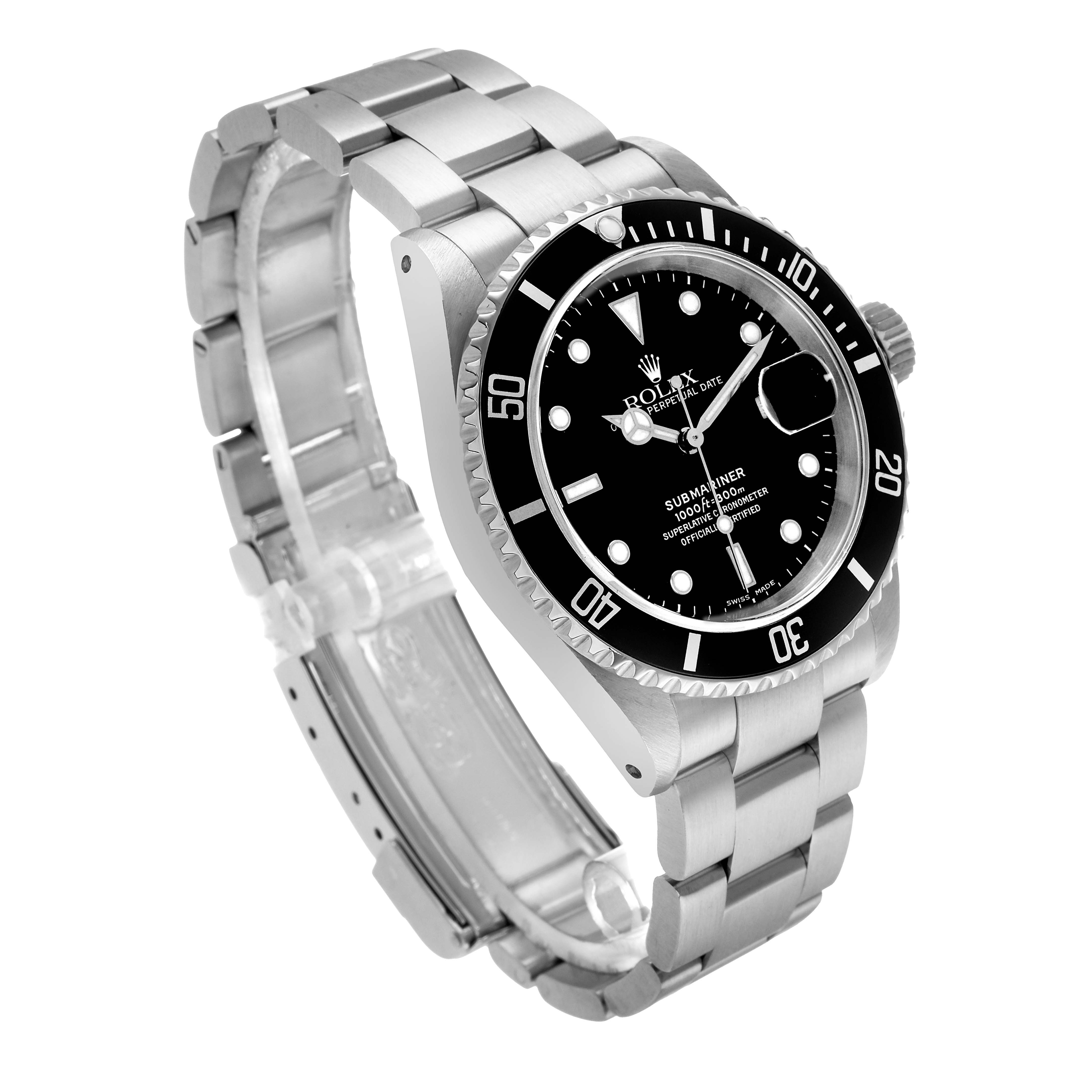 The Rolex Submariner 16610 Men's Stainless Steel Black Dial watch is shown at an angled view, displaying the bezel, face, bracelet, and crown.