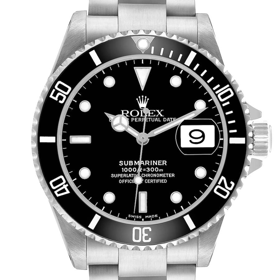 The Rolex Submariner 16610 Men's Stainless Steel Black Dial watch is shown from a frontal angle, highlighting its black dial, bezel, and date window.