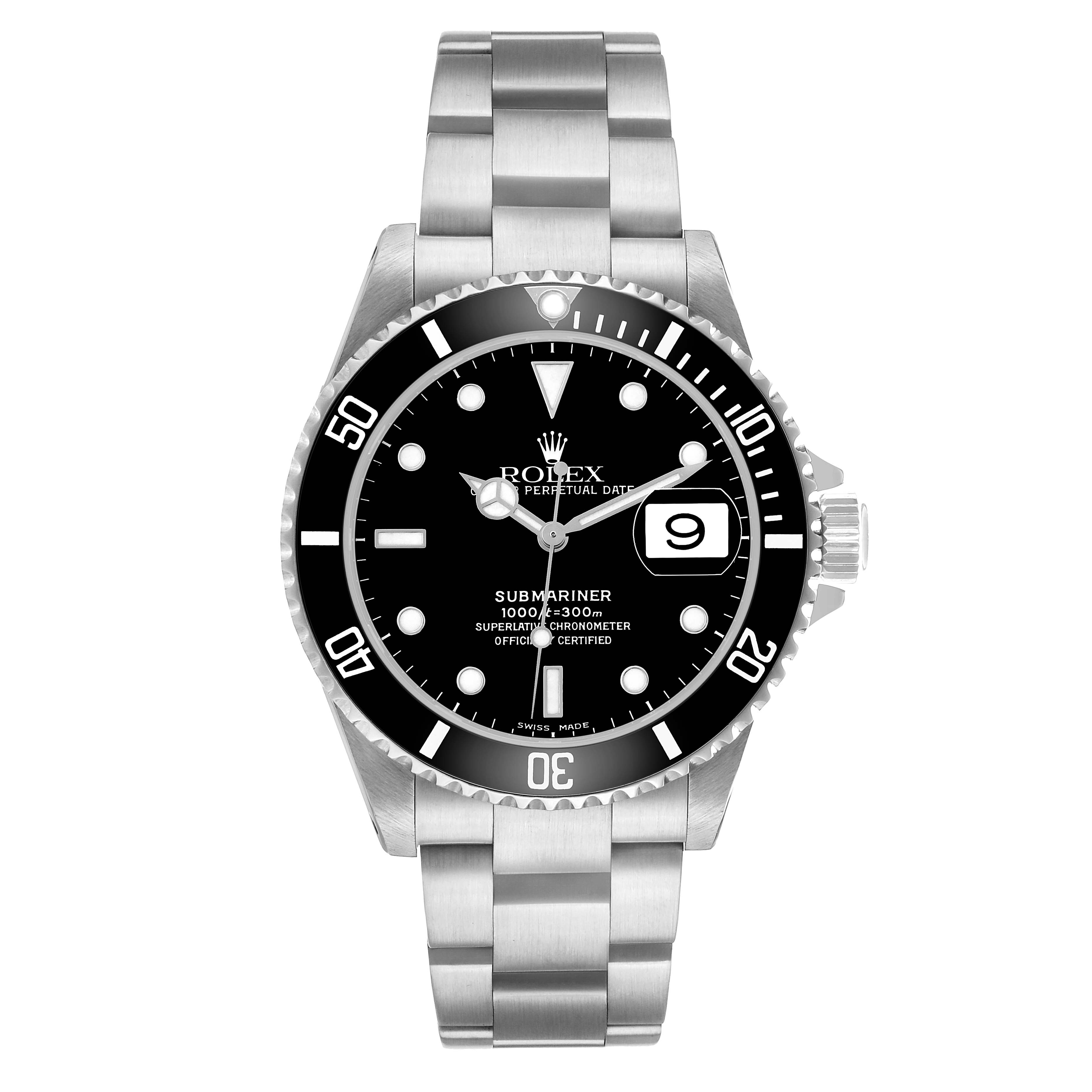 The Rolex Submariner 16610 Men's Stainless Steel Black Dial watch is shown from the front, displaying the dial, bracelet, bezel, and crown.